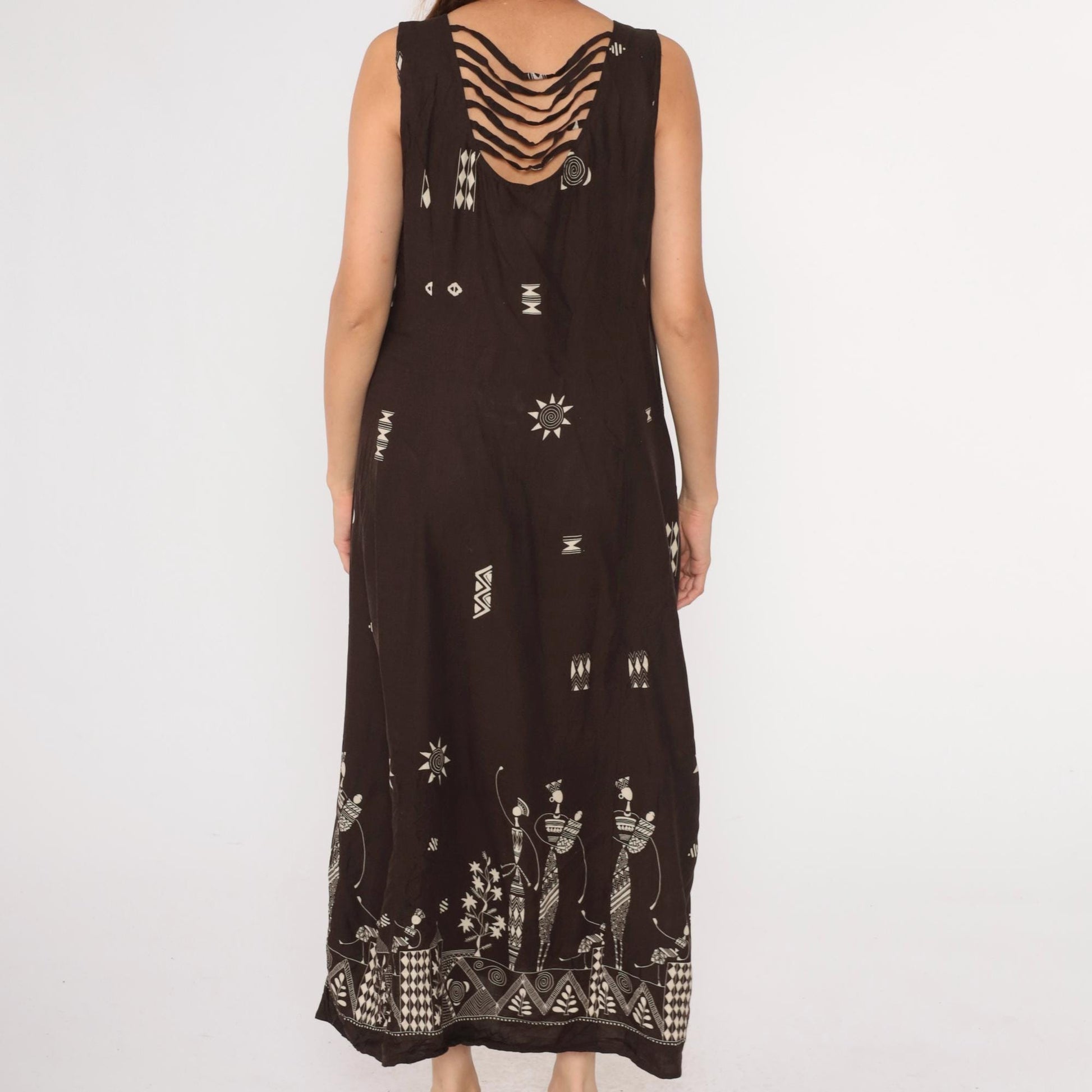Y2K African Print Maxi Dress Brown Button-Up Sleeveless Geometric Cage Back Extra Large XL