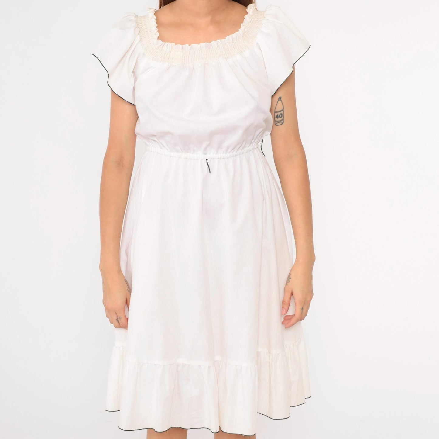 80s White Peasant Dress Smocked Neckline Flutter Sleeve Midi Medium