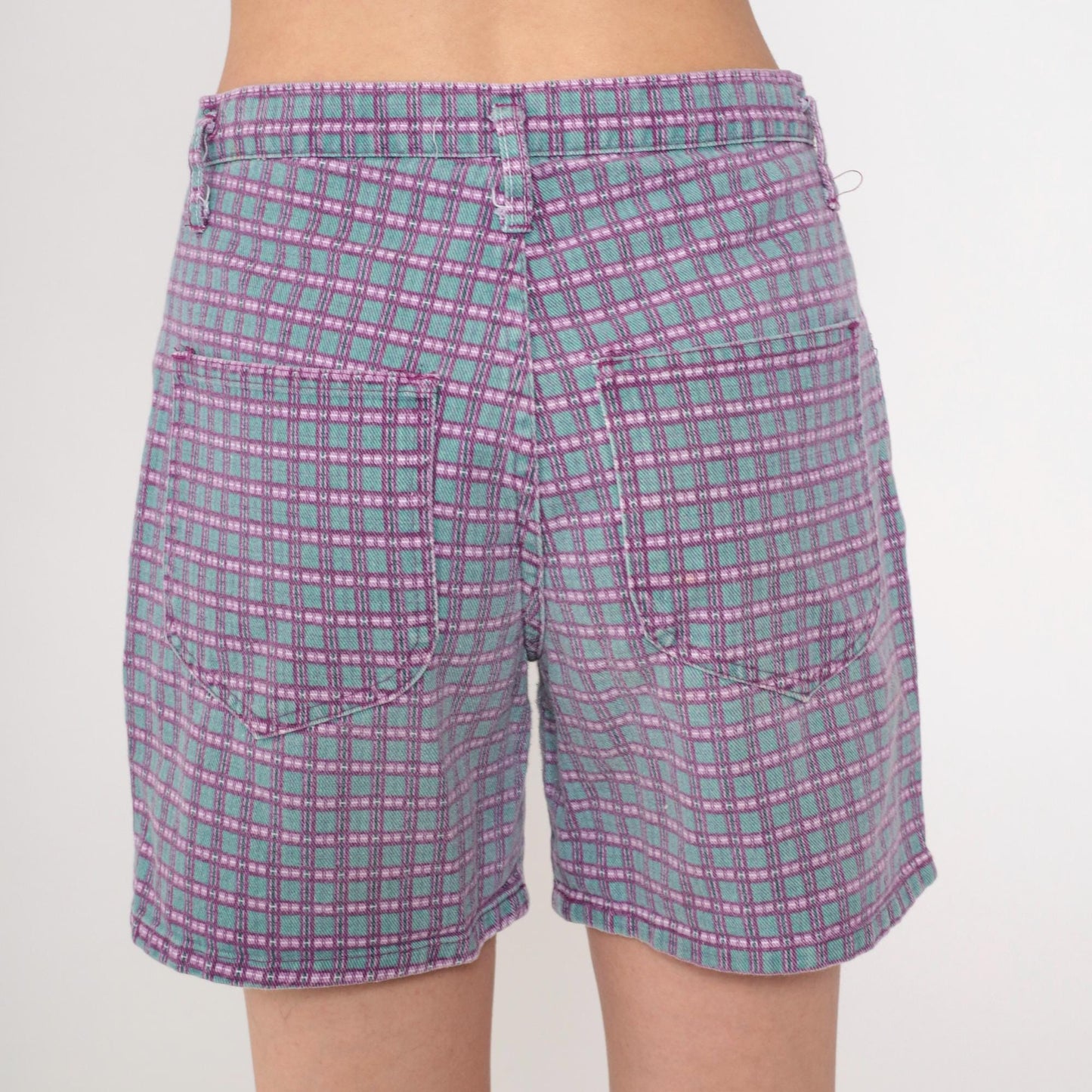 90s Wet Seal Checkered Denim Shorts High Waist Purple Green Small