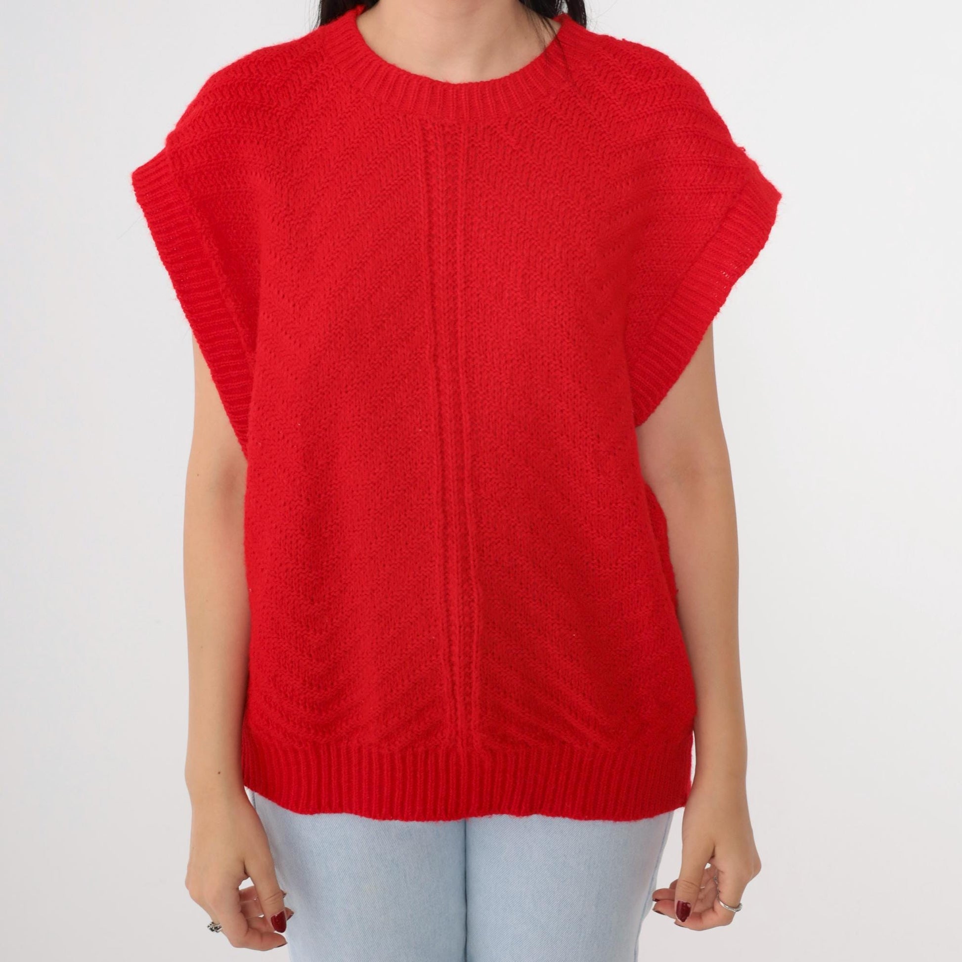 80s Fortune Knits Red Chevron Knit Top Cap Sleeve Medium
