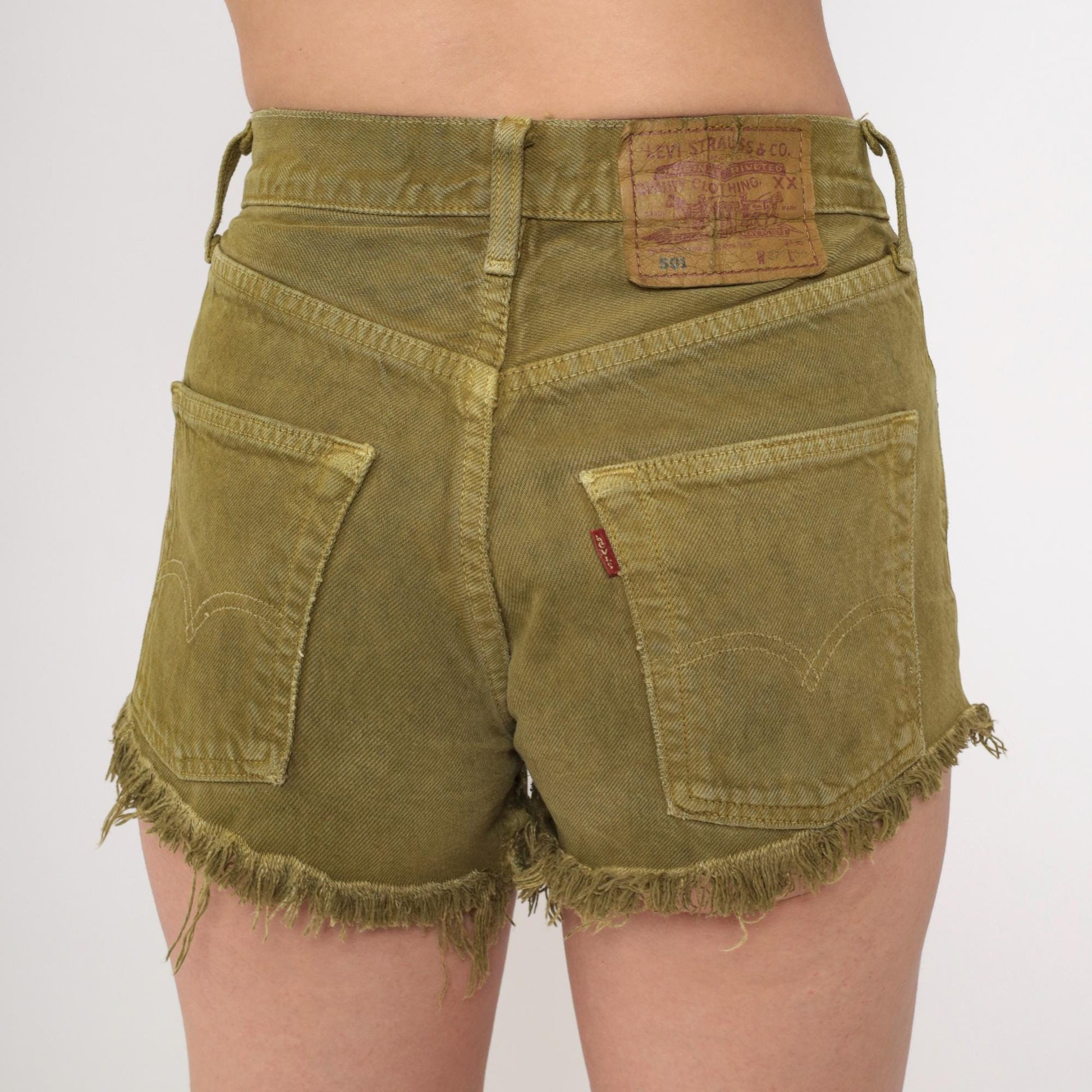 90s Levi's 501 Olive Denim Cutoff Shorts High Waist Frayed Extra Small