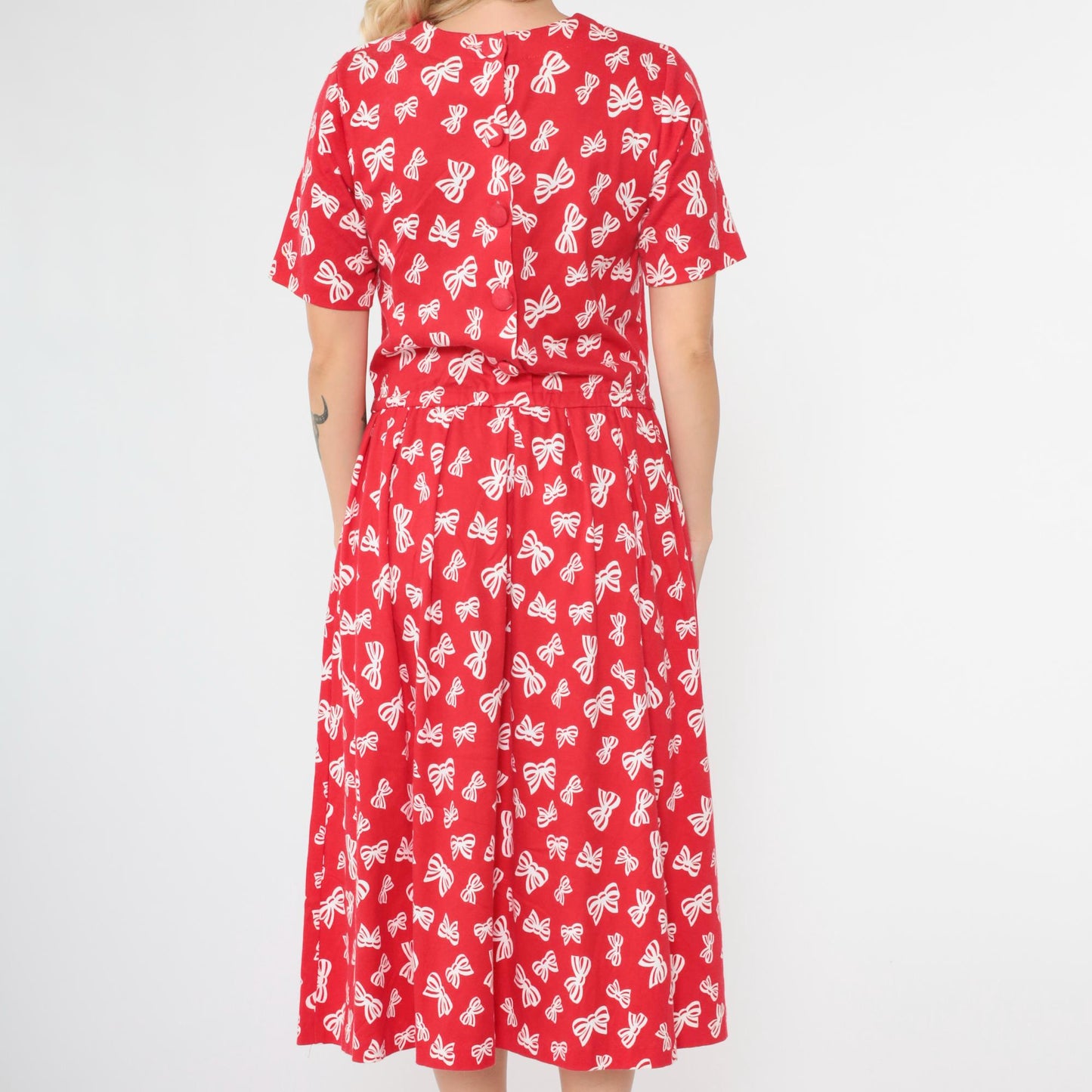 90s Talbots Red Bow Print Midi Dress Pleated Button Back Small