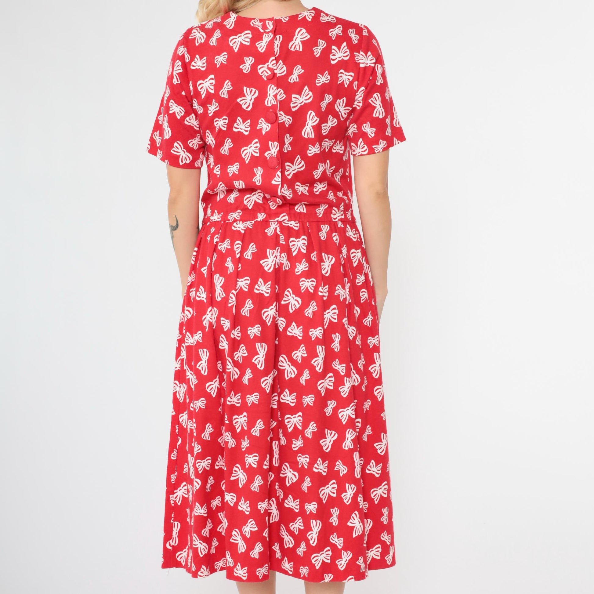 90s Talbots Red Bow Print Midi Dress Pleated Button Back Small