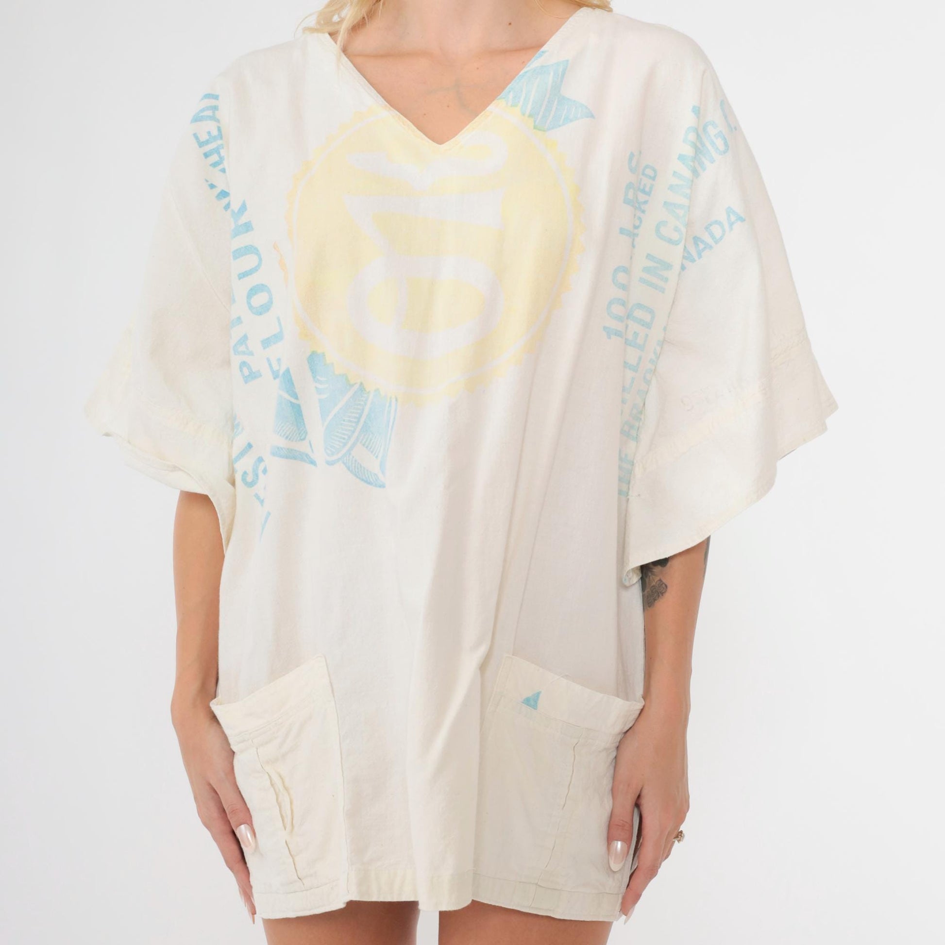 70s Brackman-Ker Milling Co Flour Sack Tunic Bell Sleeve V-Neck White Medium Large