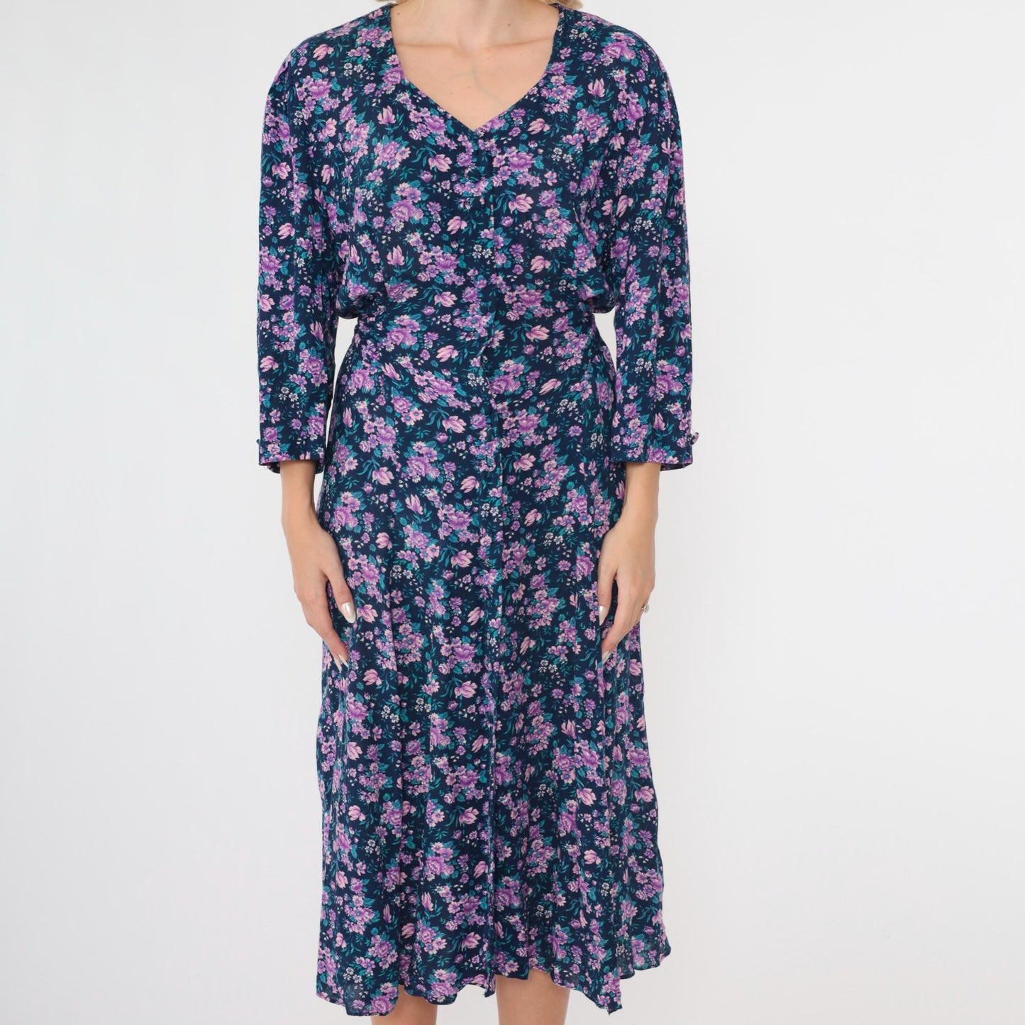 90s Purple Blue Floral Midi Dress Button Up Long Sleeve Large