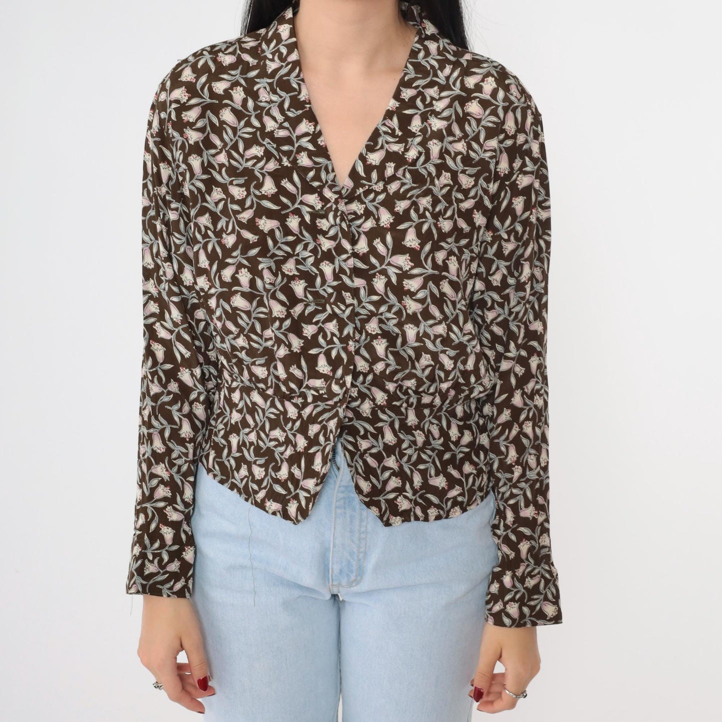 90s Carole Little Floral Button-Up Blouse Brown Peplum Petite Medium