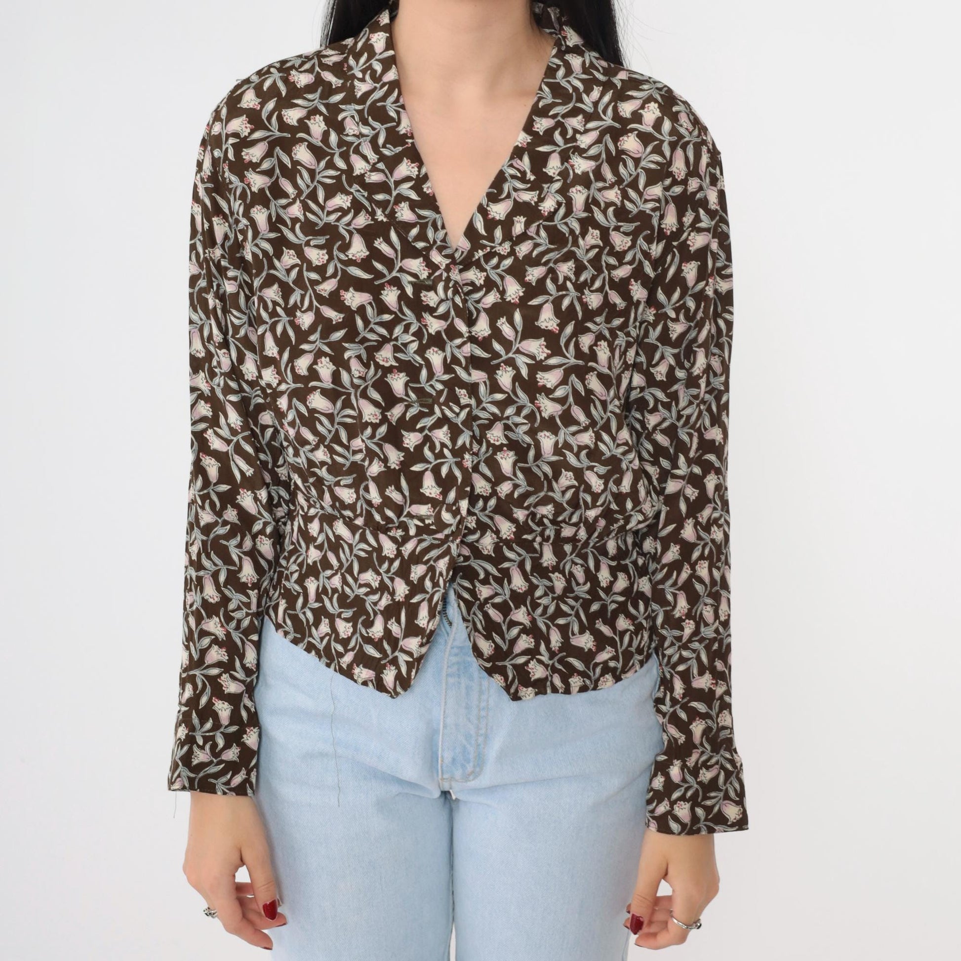 90s Carole Little Floral Button-Up Blouse Brown Peplum Petite Medium