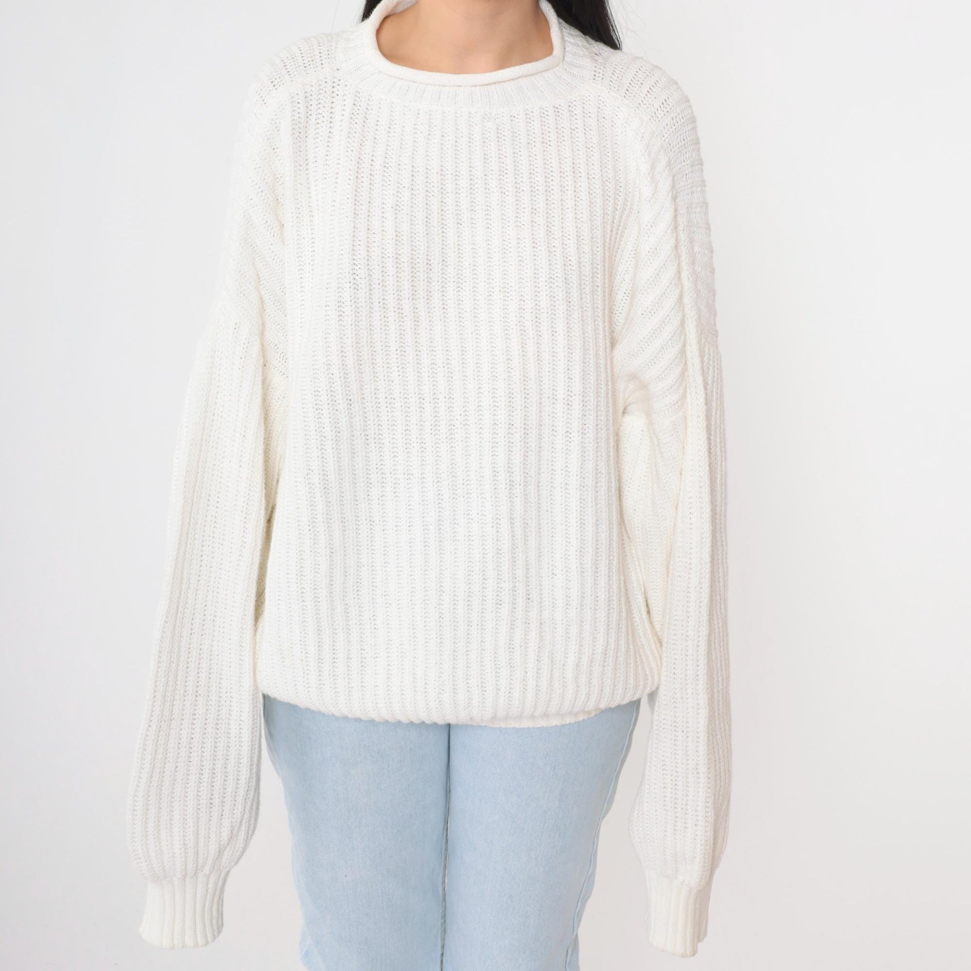 90s Structure White Ramie Cotton Roll Neck Sweater Ribbed Knit Large L