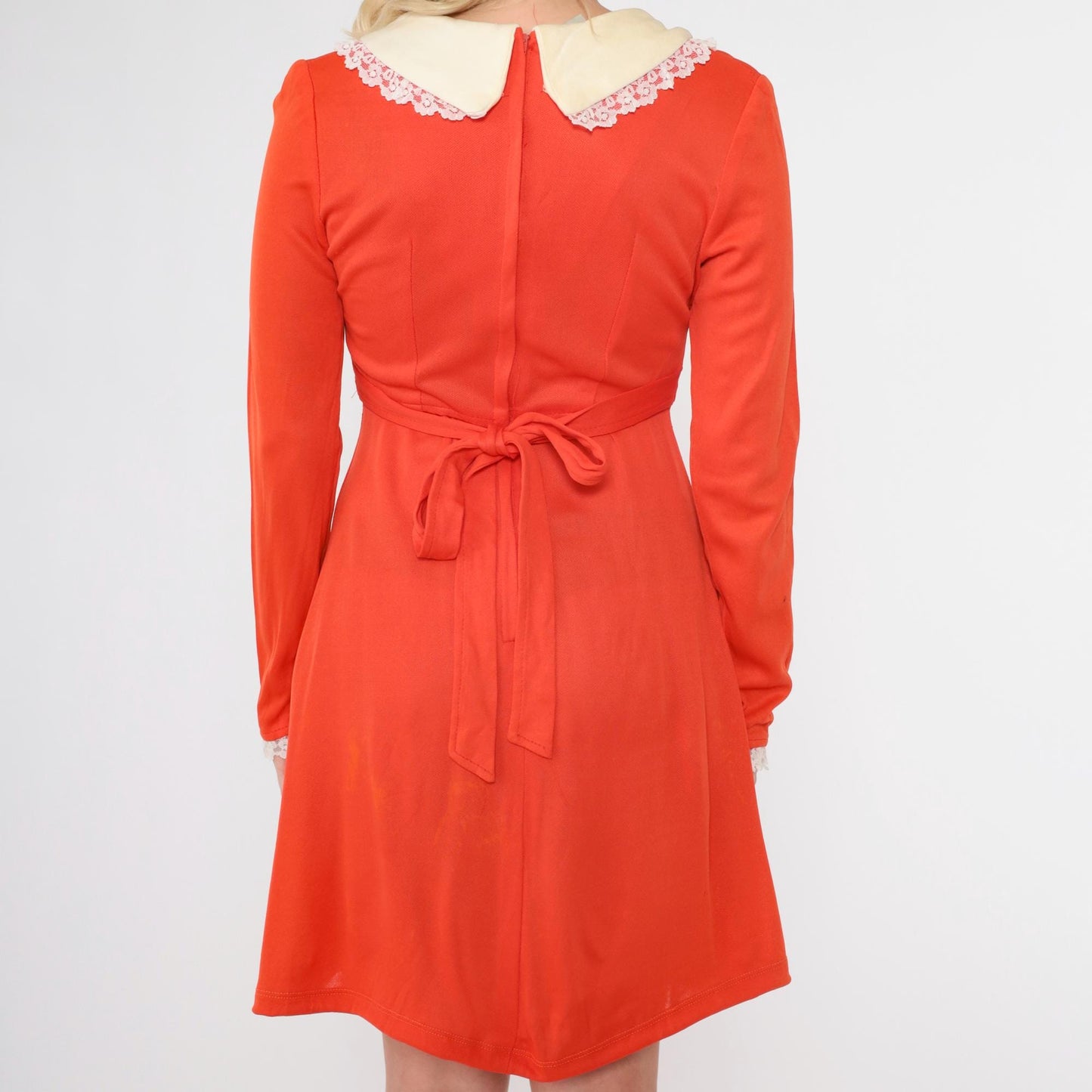 70s Orange Babydoll Minidress Peter Pan Collar Empire Waist Small