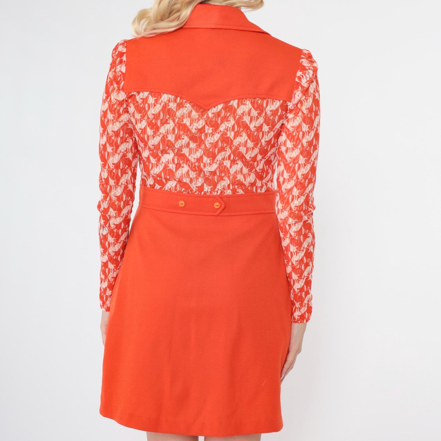 70s Mod Animal Print Mini Dress Orange Lace Collared Button-Up Small