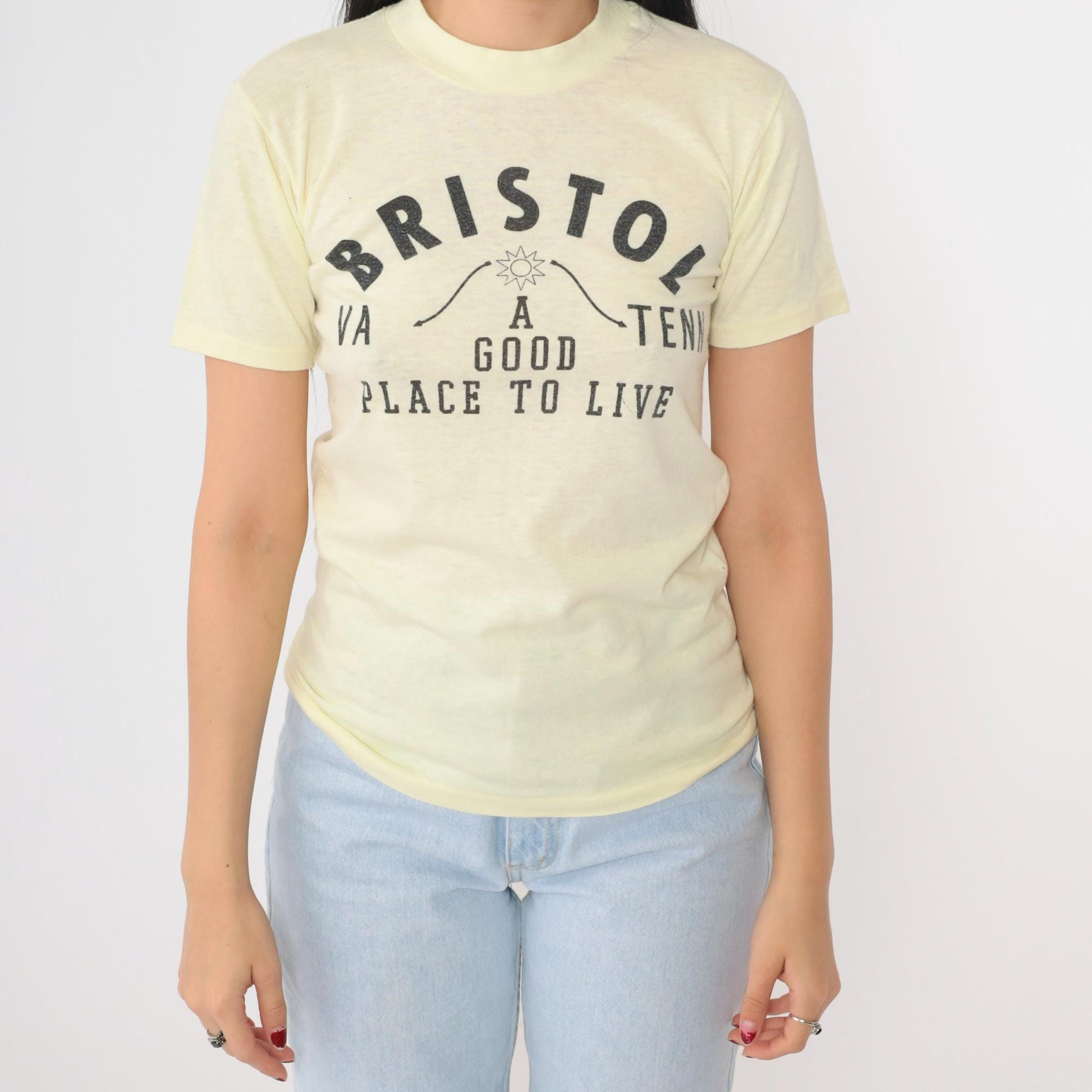 80s Bristol Virginia Tennessee A Good Place to Live Graphic Tee Yellow Extra Small