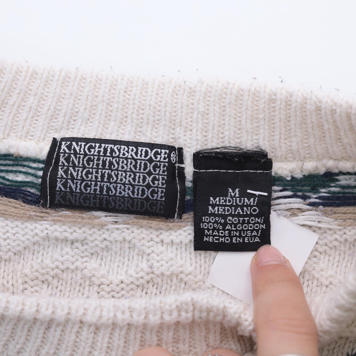 90s Argyle Sweater Off-White Cotton Crewneck Pullover Medium