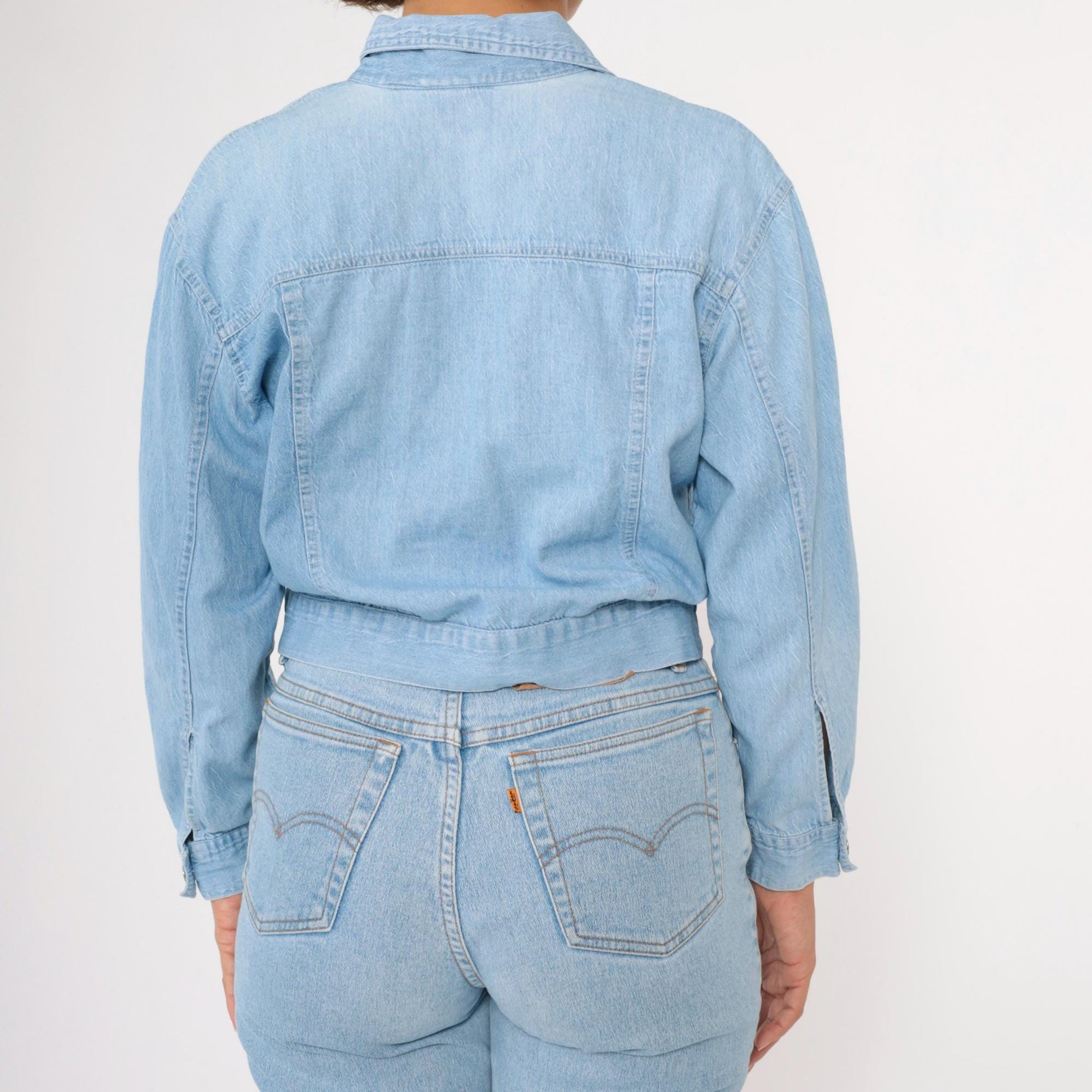 90s Light Wash Denim Crop Shirt Lace Heart Detail Button Up Small