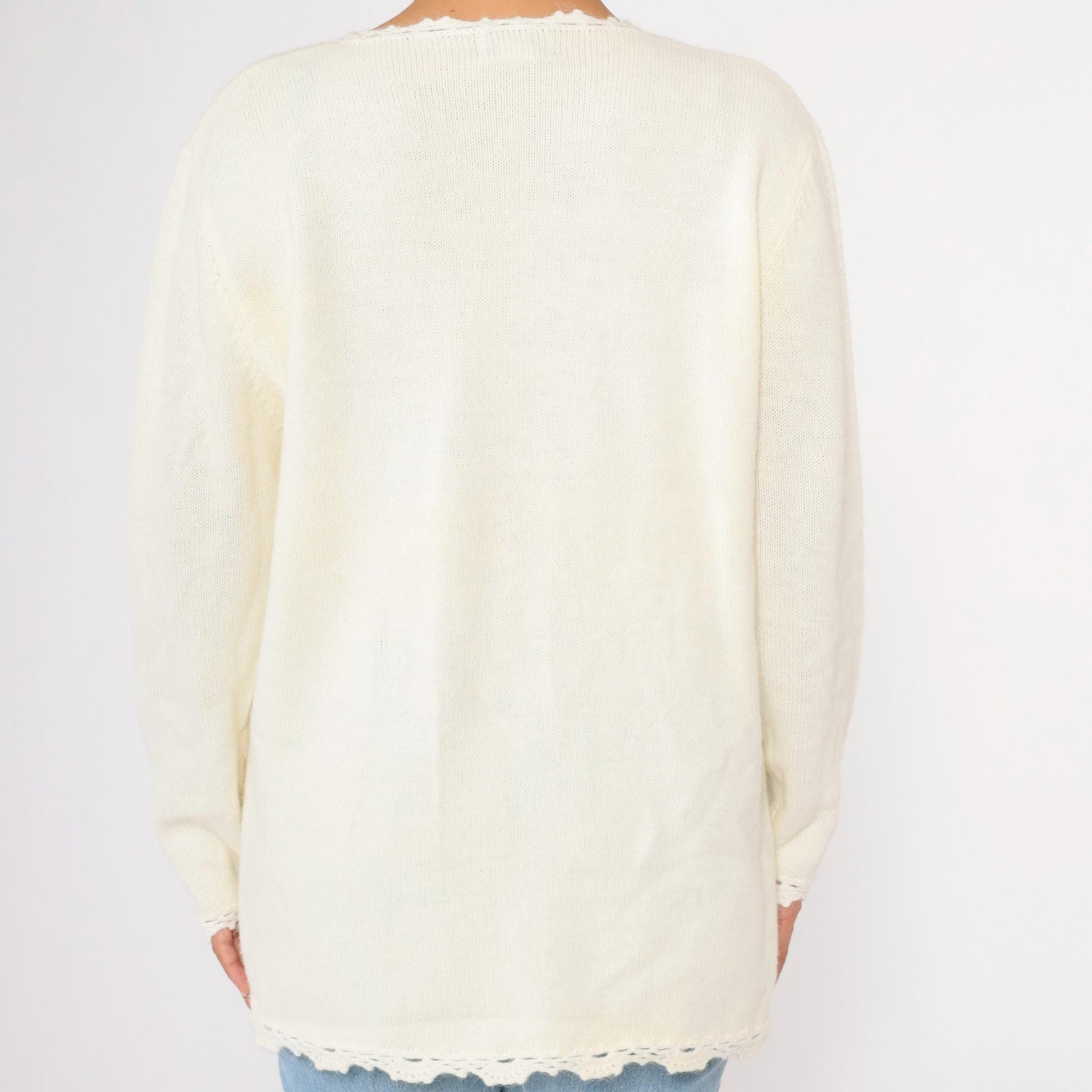 90s Koret White Cable Knit Sweater Floral Embroidered Beaded Crochet Lace Large