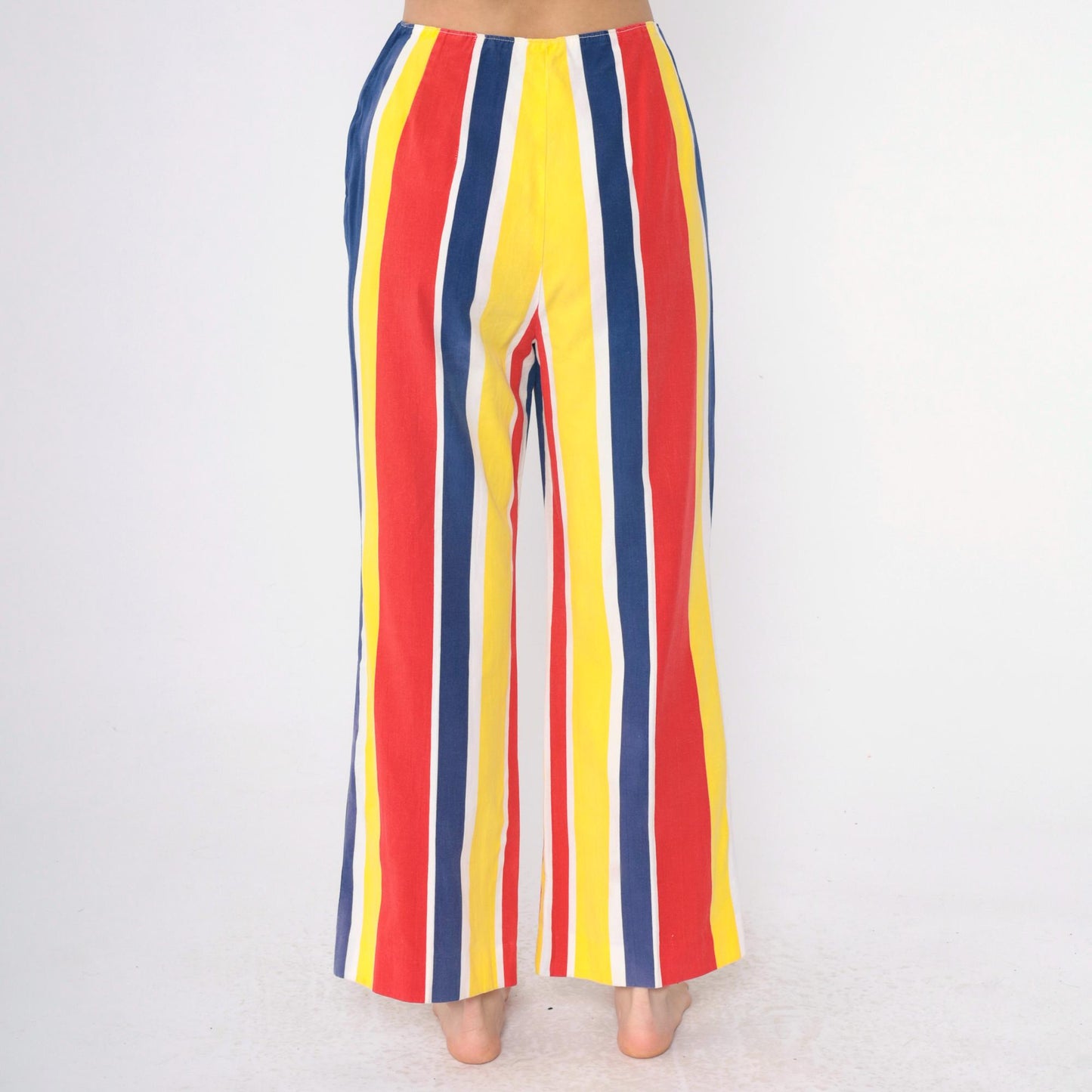1960s Striped Bell Bottom Pants High Waist Yellow Red Blue Medium