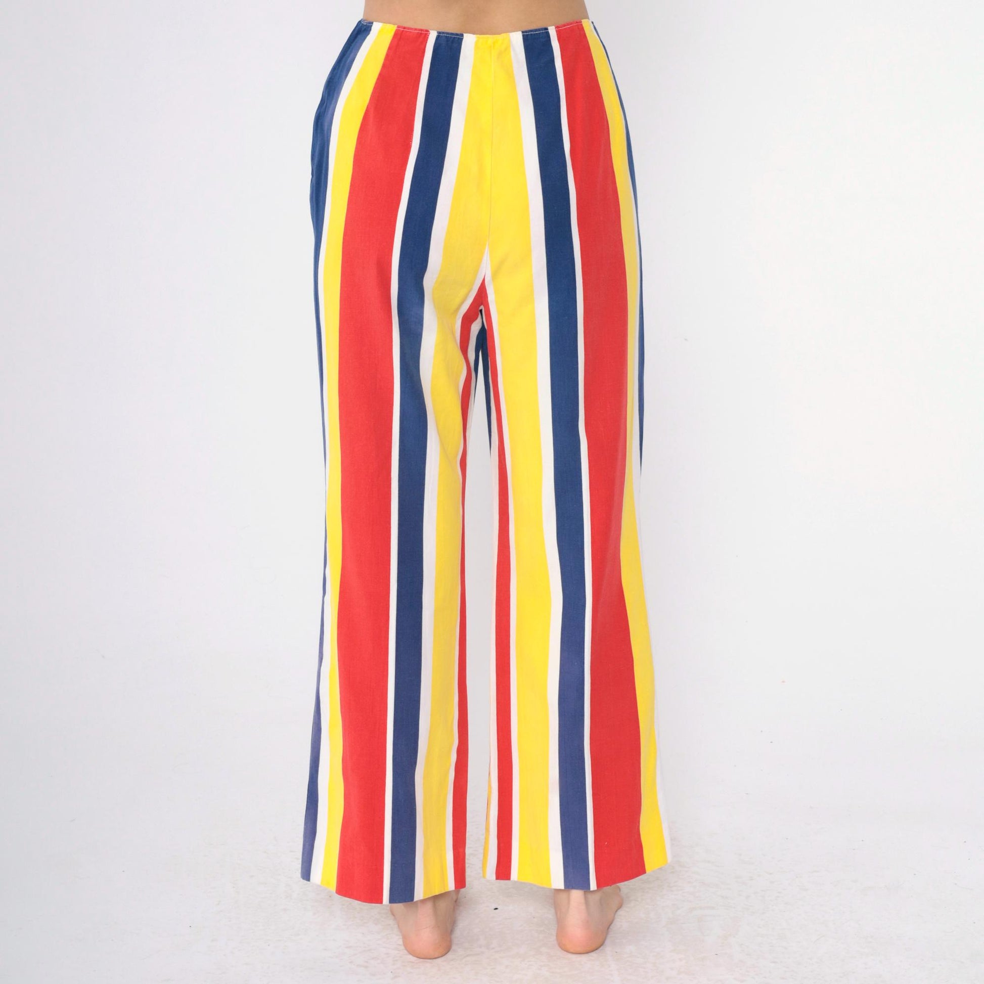 1960s Striped Bell Bottom Pants High Waist Yellow Red Blue Medium