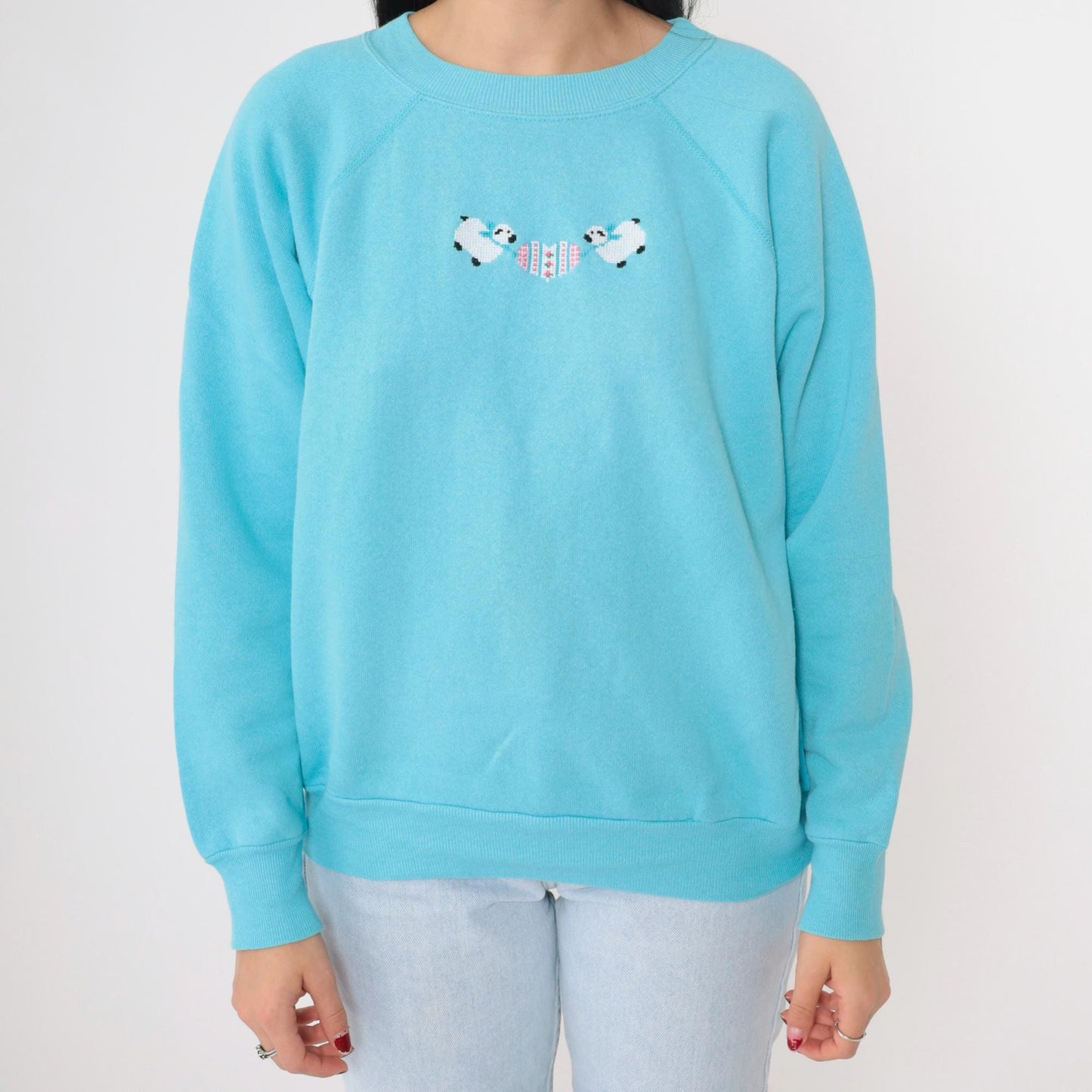 90s Blue Sheep Embroidered Sweatshirt Raglan Crewneck Medium Large
