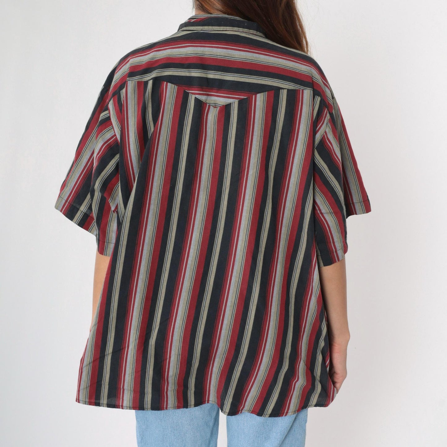 90s Rustler by Wrangler Western Shirt Pearl Snap Red Grey Black Striped Plus Size 3XL