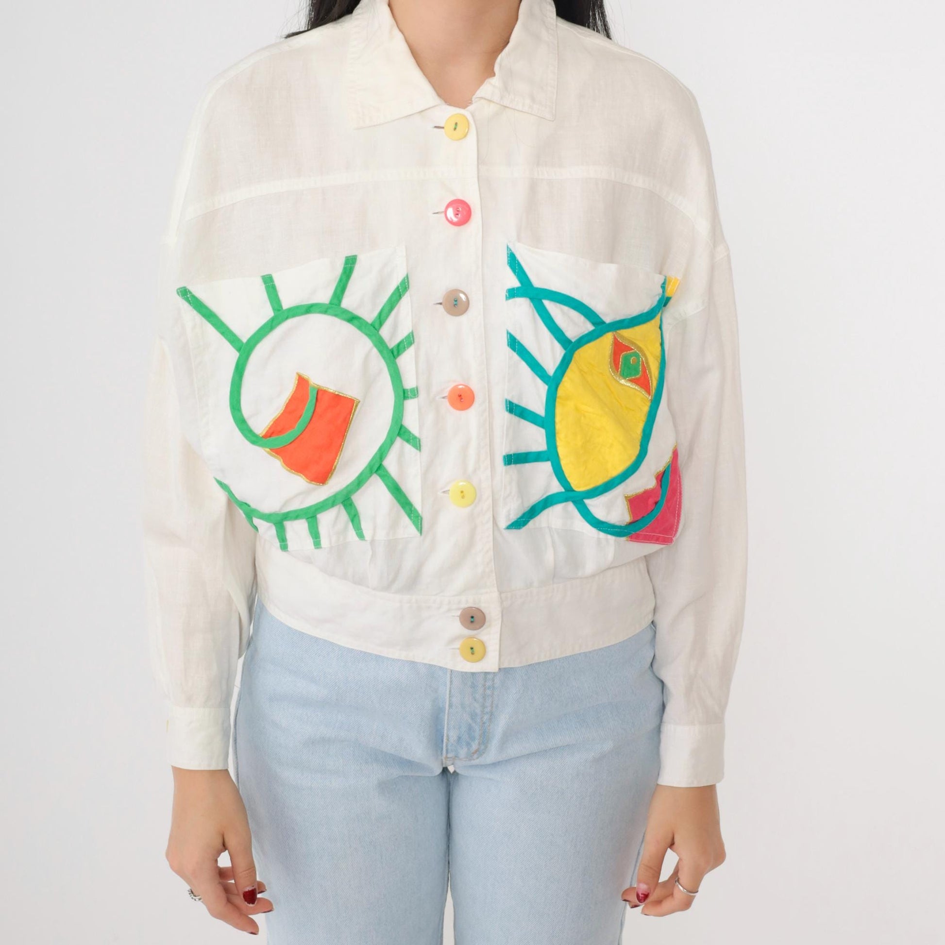 90s Ann Tian Kenar Linen Jacket Abstract Geometric Cropped Button-Up Medium Petite
