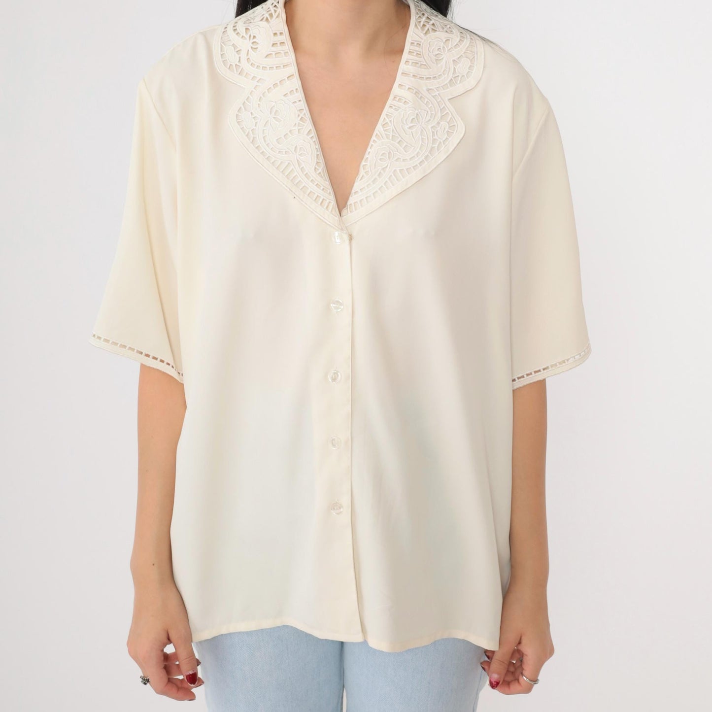 90s Worthington Off-White Embroidered Cutwork Button-Up Blouse Short Sleeve Extra Large XL