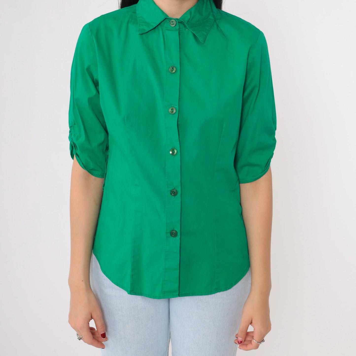 90s Kelly Green Button-Up Blouse Princess Seam Fitted Collared Top Medium