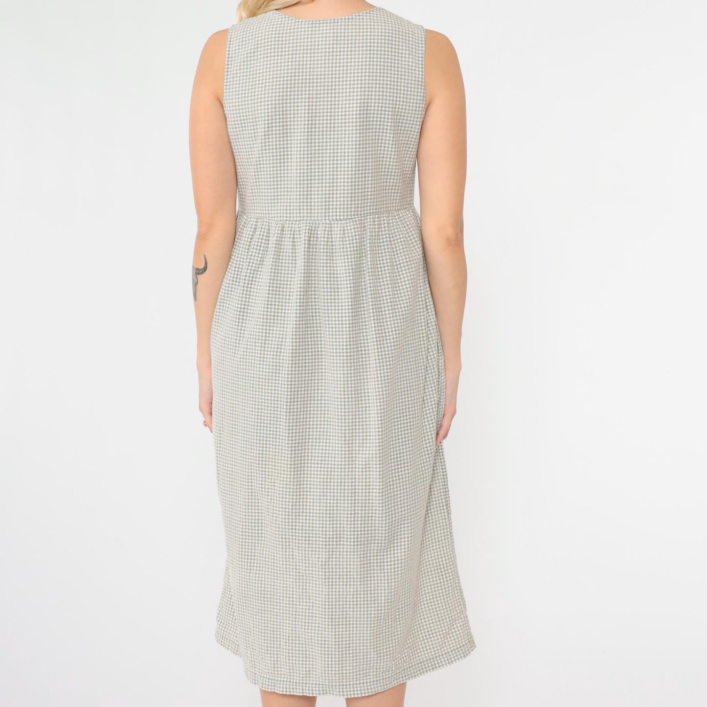 90s Taupe Gingham Jumper Dress Button Front Midi Sleeveless Small Petite