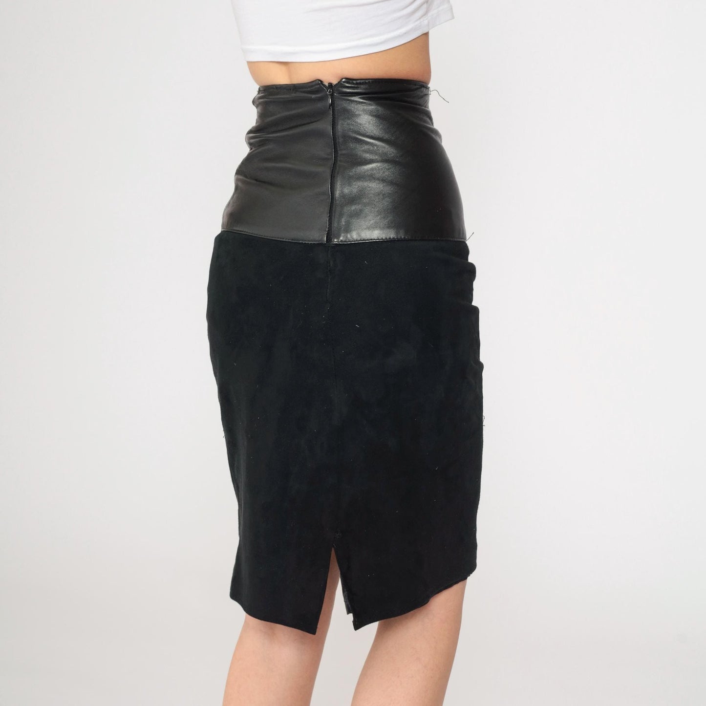 90s Black Leather Suede Mini Pencil Skirt High Rise Rear Zip Extra Small