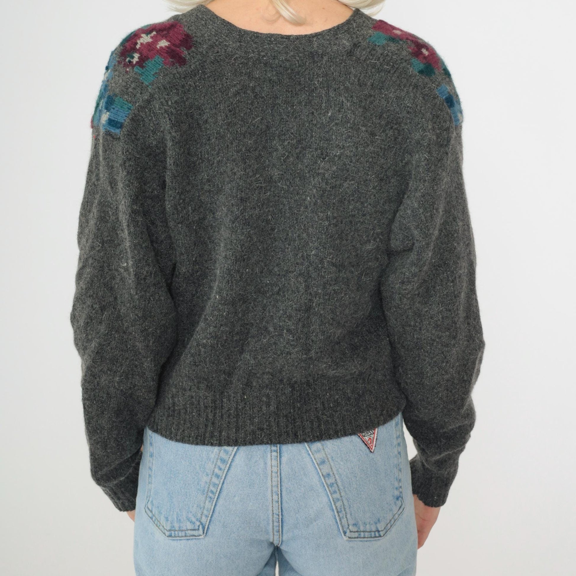 90s J.H Collectibles Wool Cardigan Grey Floral Cropped Angora Knit Small