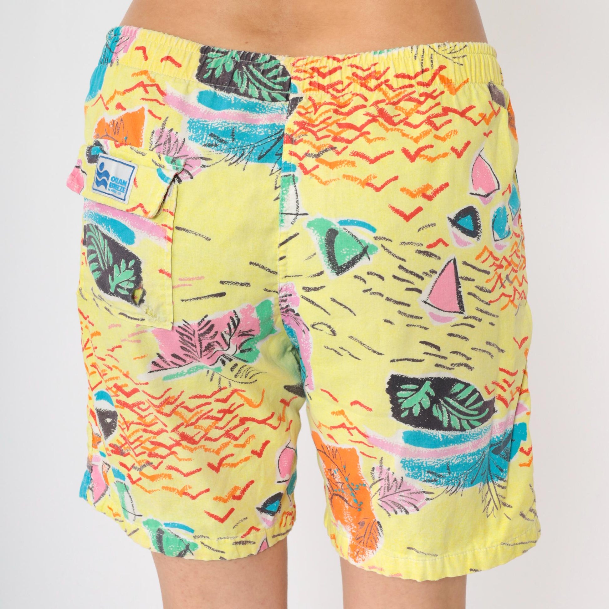90s Yellow Nautical Abstract Sailboat Shorts High Waist Wide Leg Medium