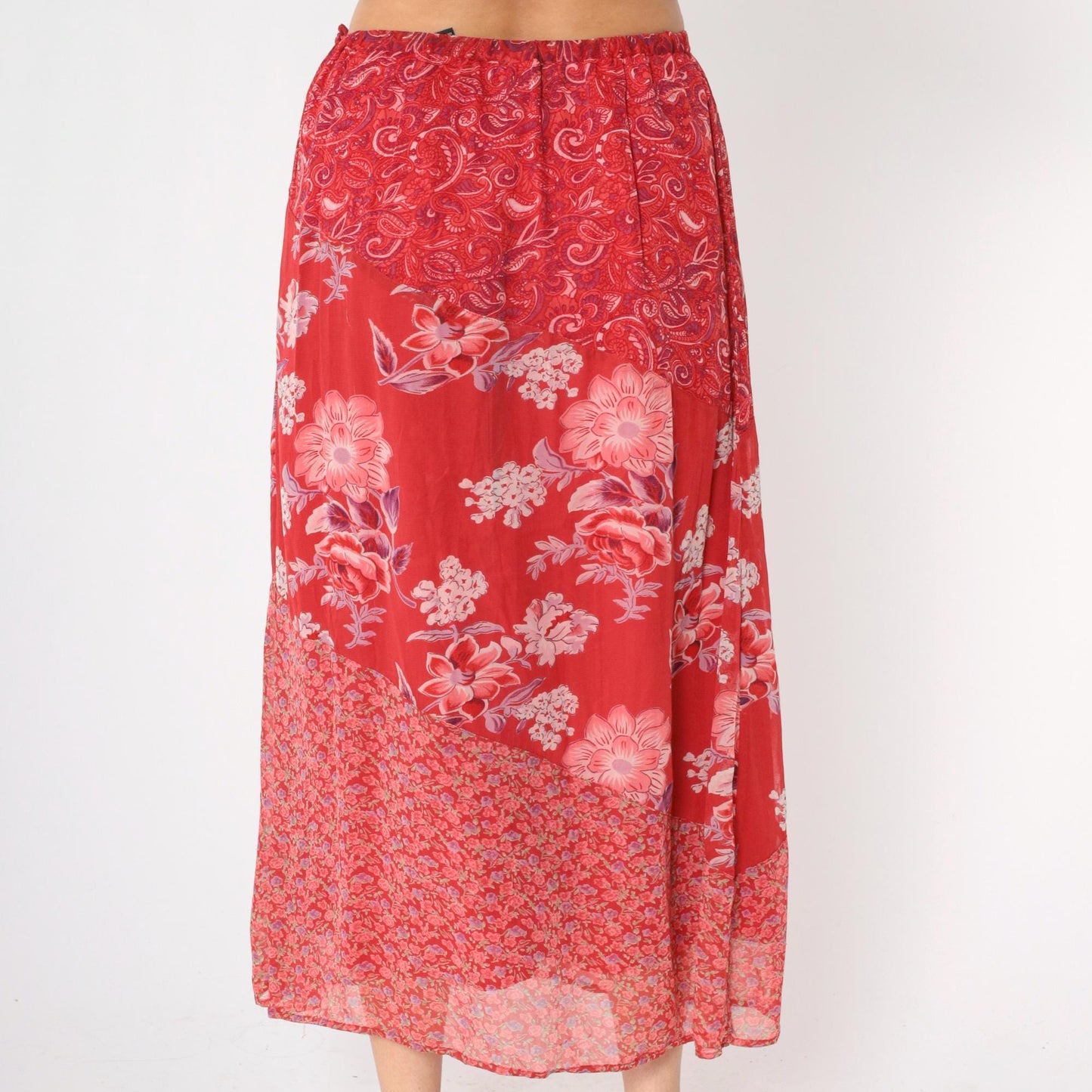 90s Red Floral Paisley Tiered Midi Skirt High Waist Side Zip Medium M