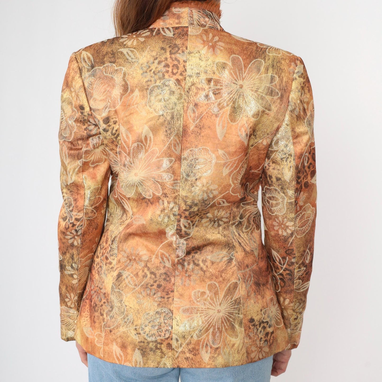 90s Floral Jacquard Blazer Leopard Print Fringe Trim Deep V Burnt Orange Small