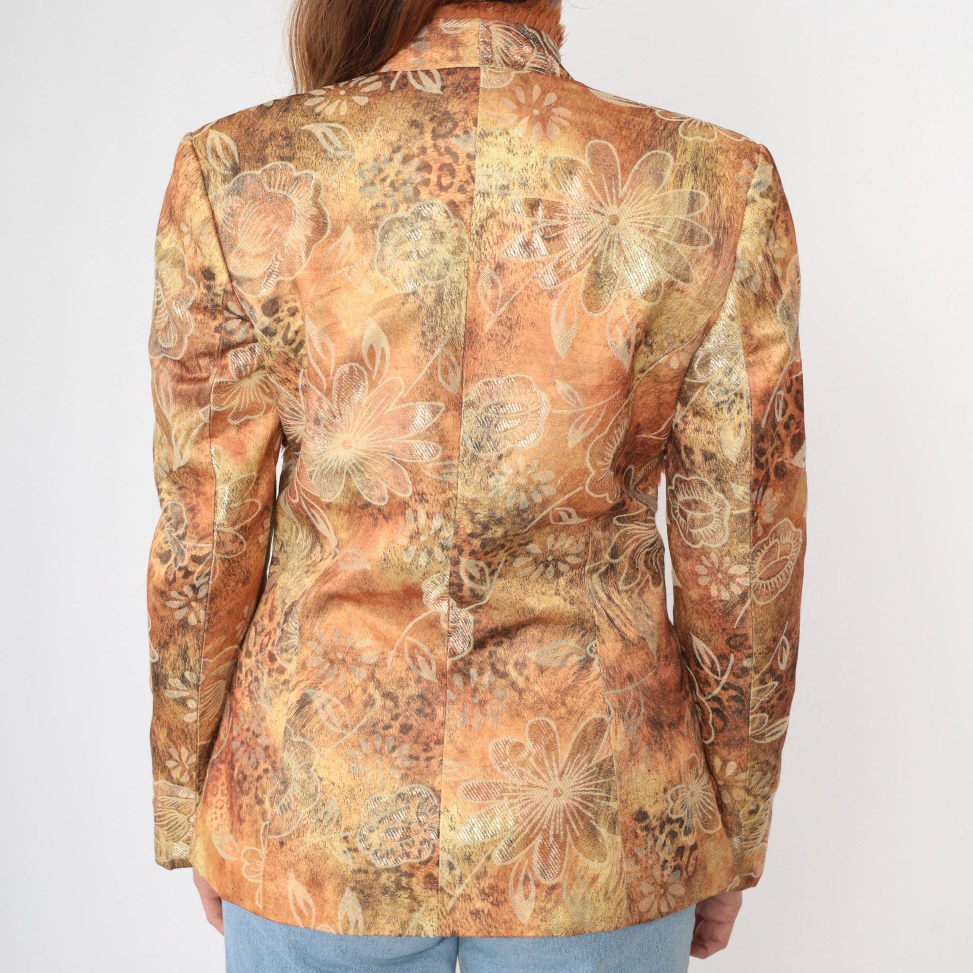 90s Floral Jacquard Blazer Leopard Print Fringe Trim Deep V Burnt Orange Small