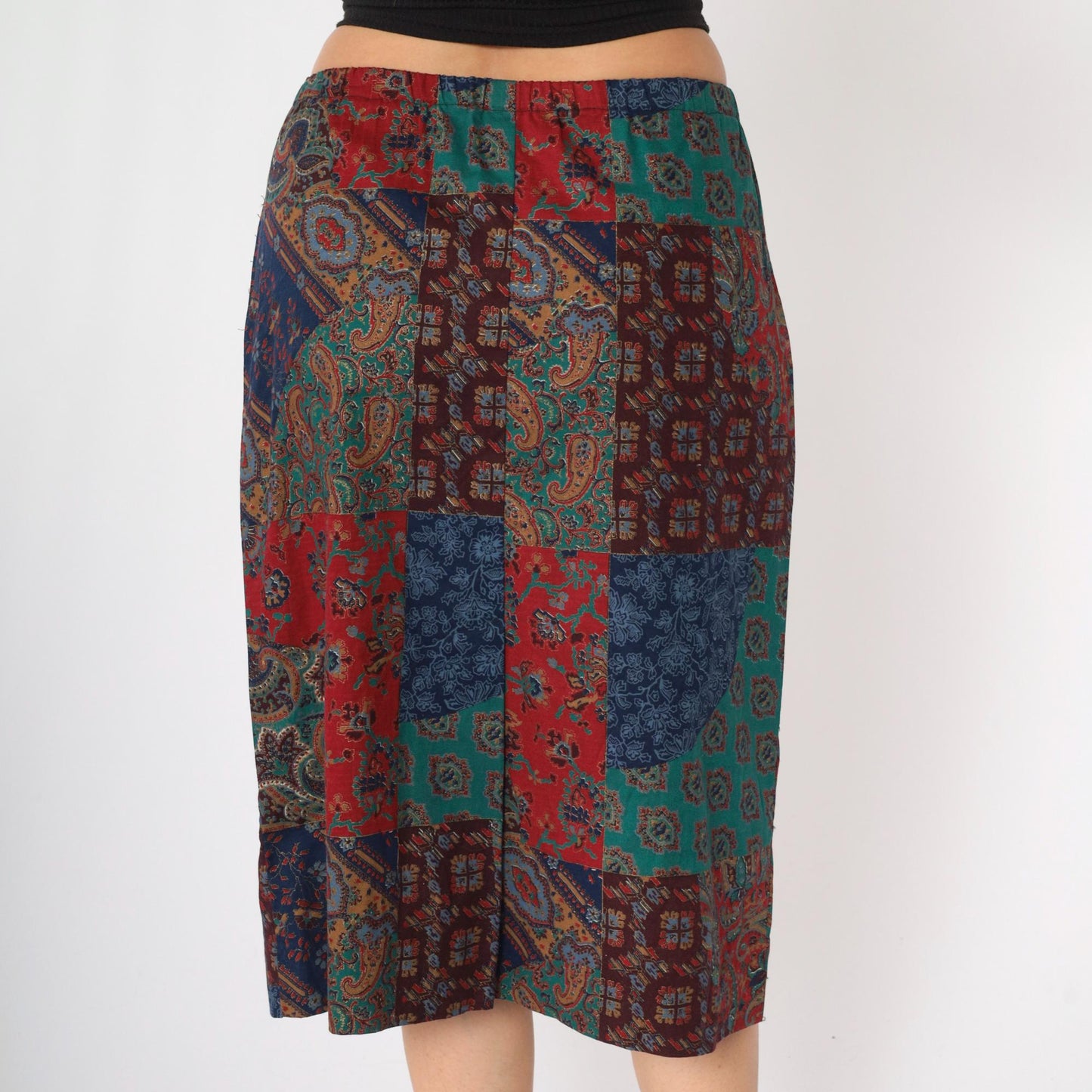 90s Patchwork Paisley Floral Midi Skirt Elastic Waist Medium