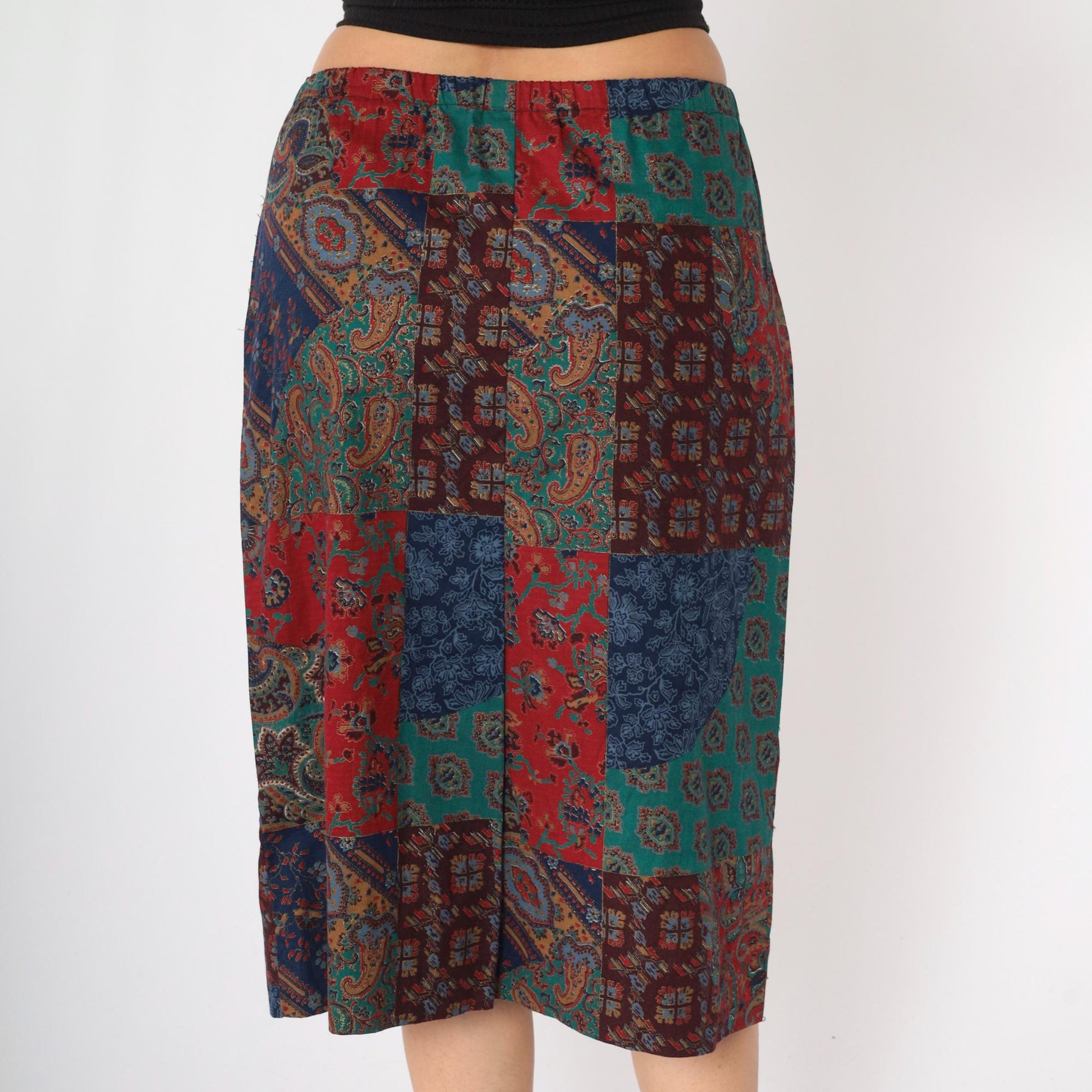 90s Patchwork Paisley Floral Midi Skirt Elastic Waist Medium