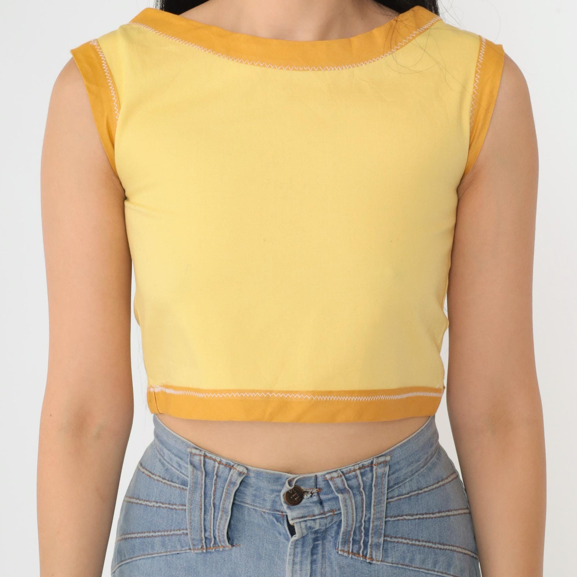 60s Yellow Ringer Crop Tank Top Sleeveless Blouse XXS