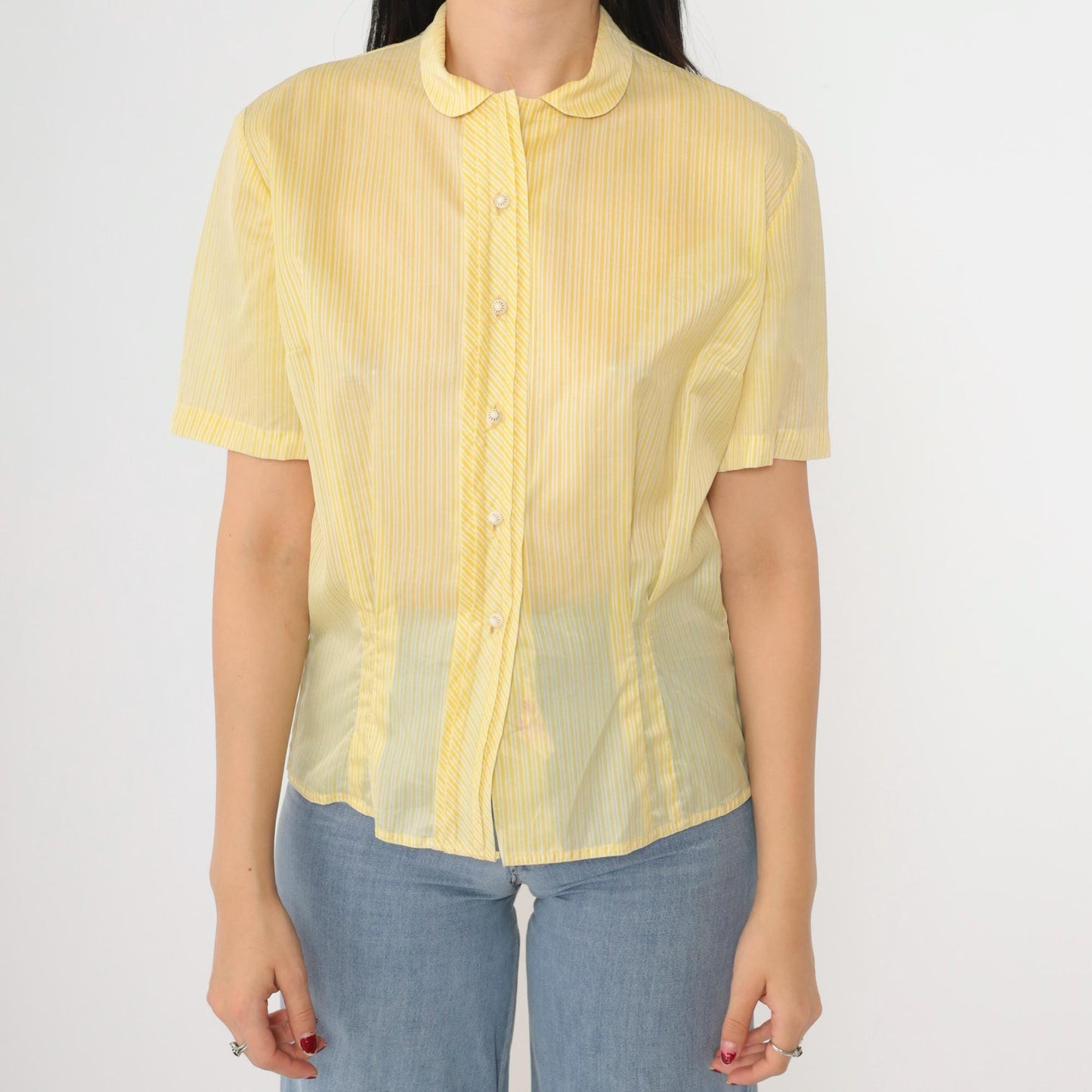 60s Dorothy Korly Sheer Striped Button-Up Blouse Yellow Peter Pan Collar Medium