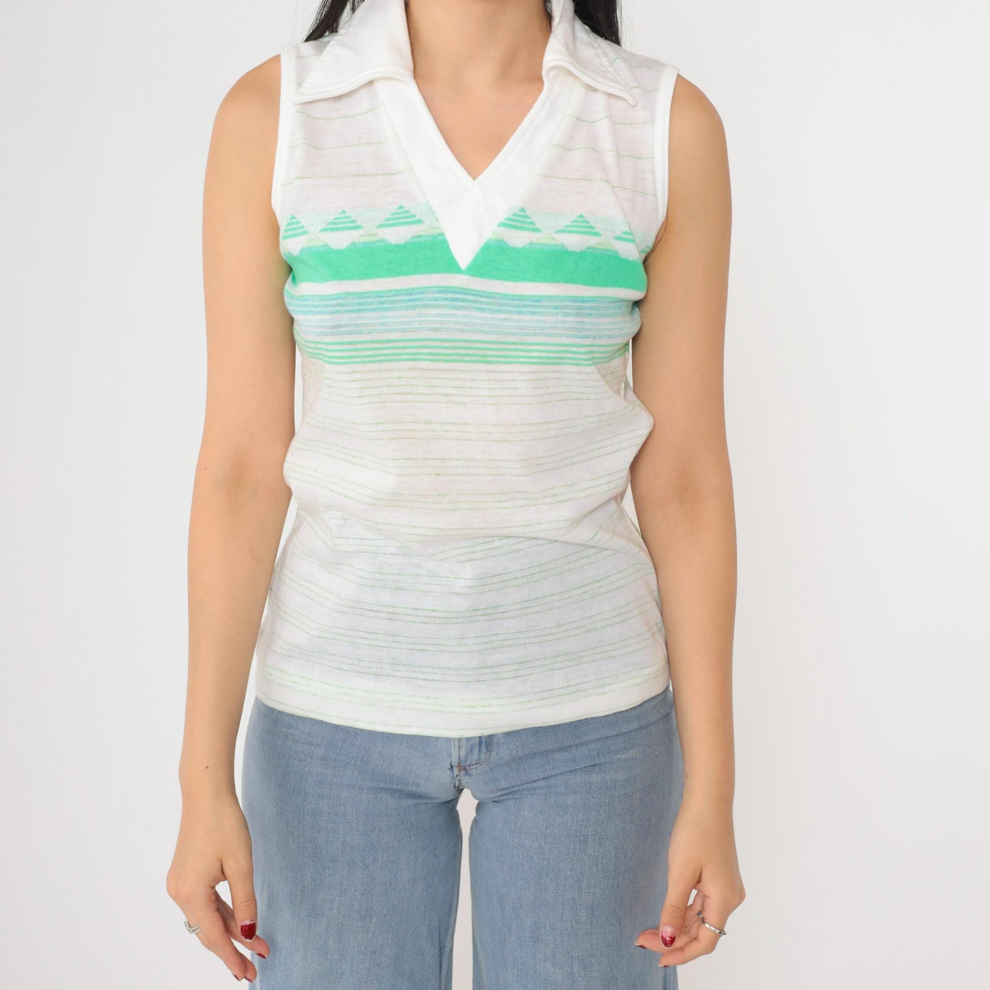 70s Jantzen Striped V-Neck Tank Top White Green Geometric Small