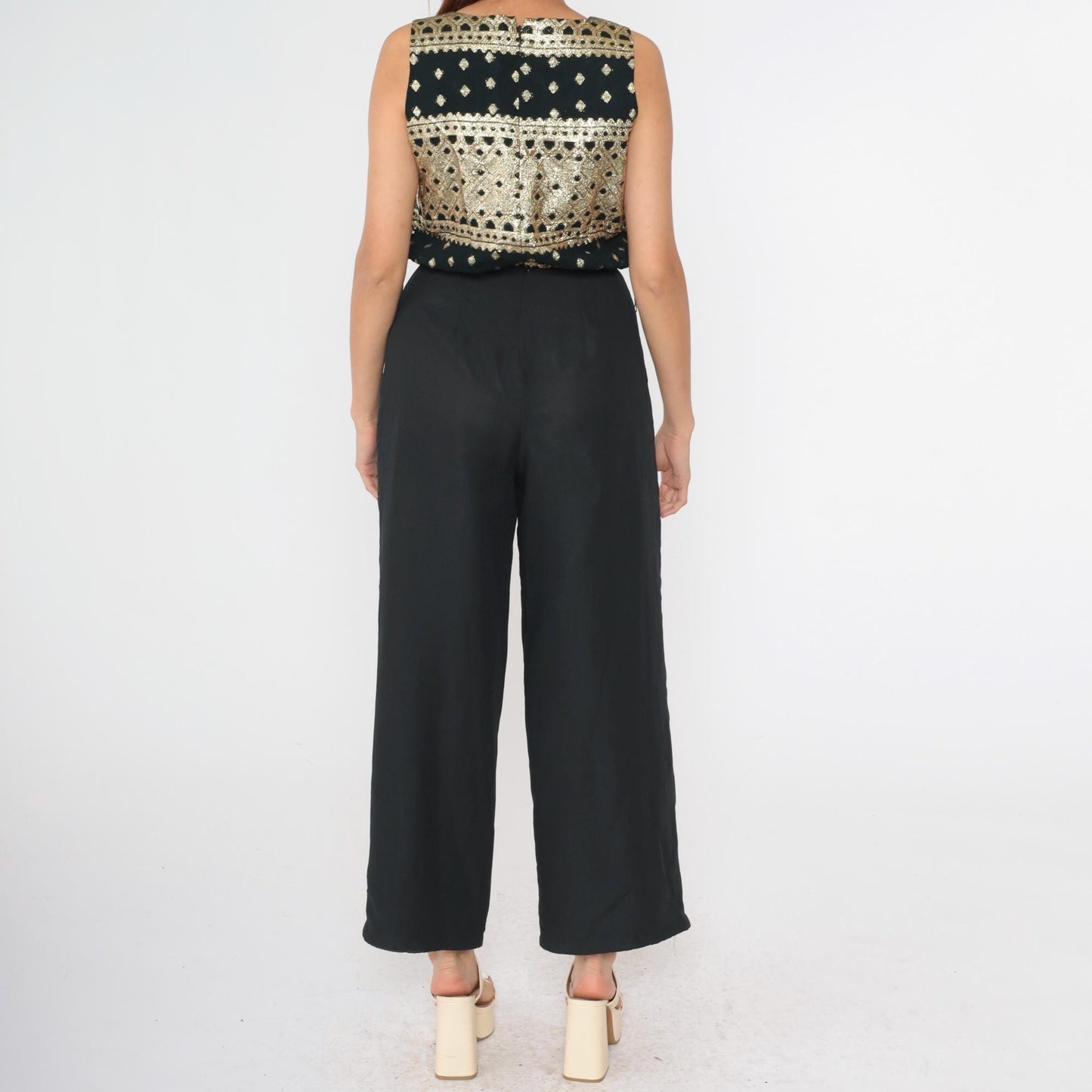 90s Althuser Black Chiffon Jumpsuit Gold Metallic Embroidery Wide Leg Small