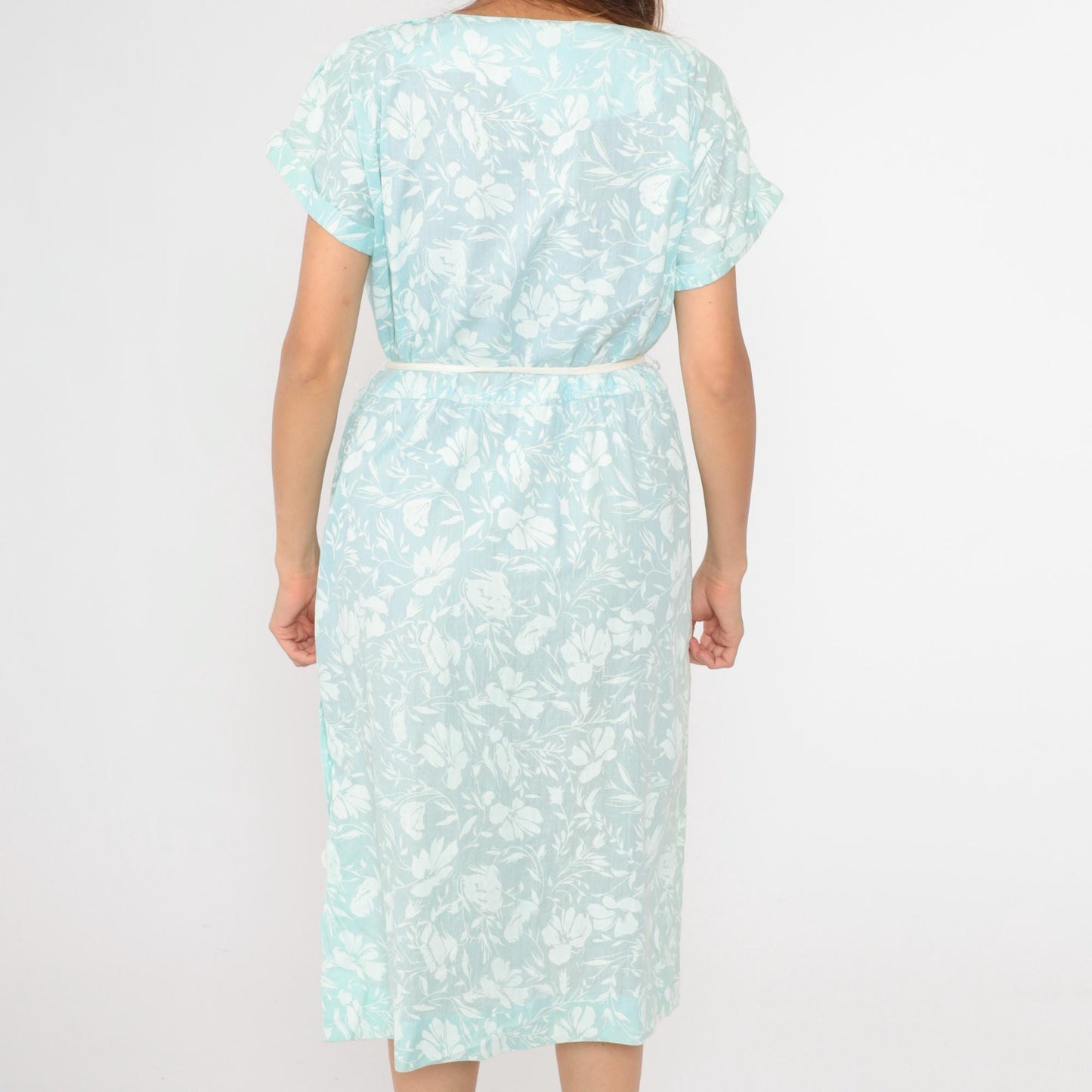 80s Light Blue Floral Midi Dress High Waisted Button Side Slit Dolman Sleeve Large