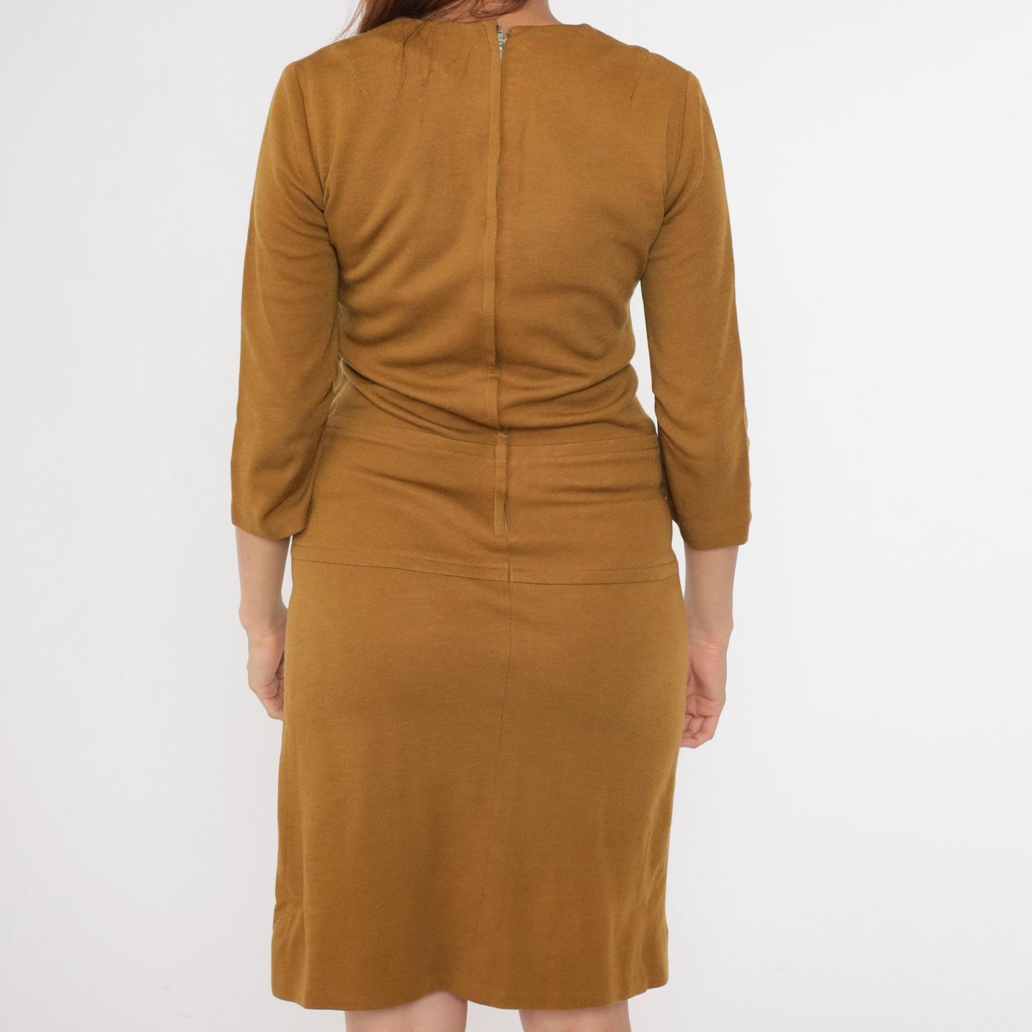 1960s Mod Scooter Dress Mustard Brown Wool Blend Drop Waist Pleated Small