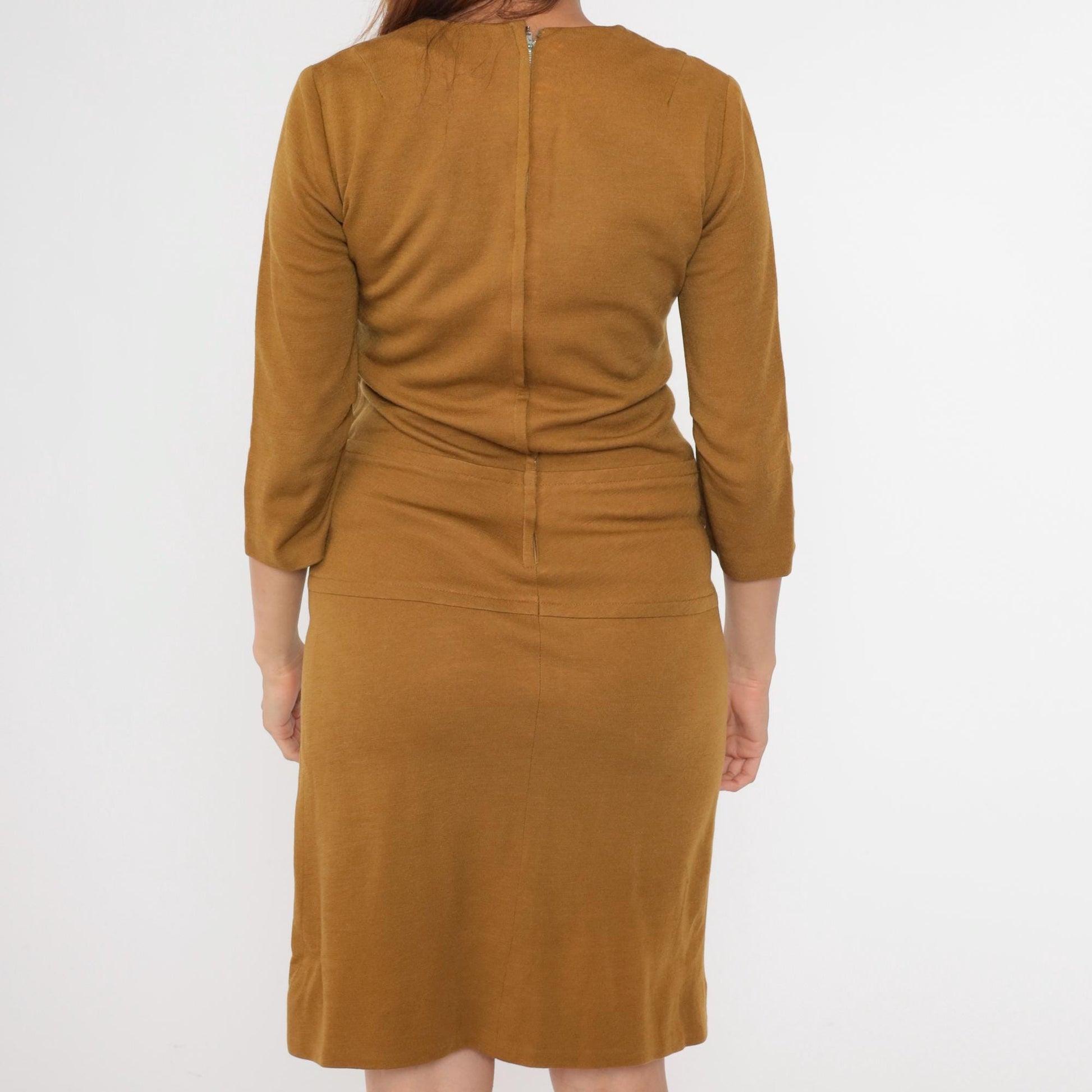 1960s Mod Scooter Dress Mustard Brown Wool Blend Drop Waist Pleated Small