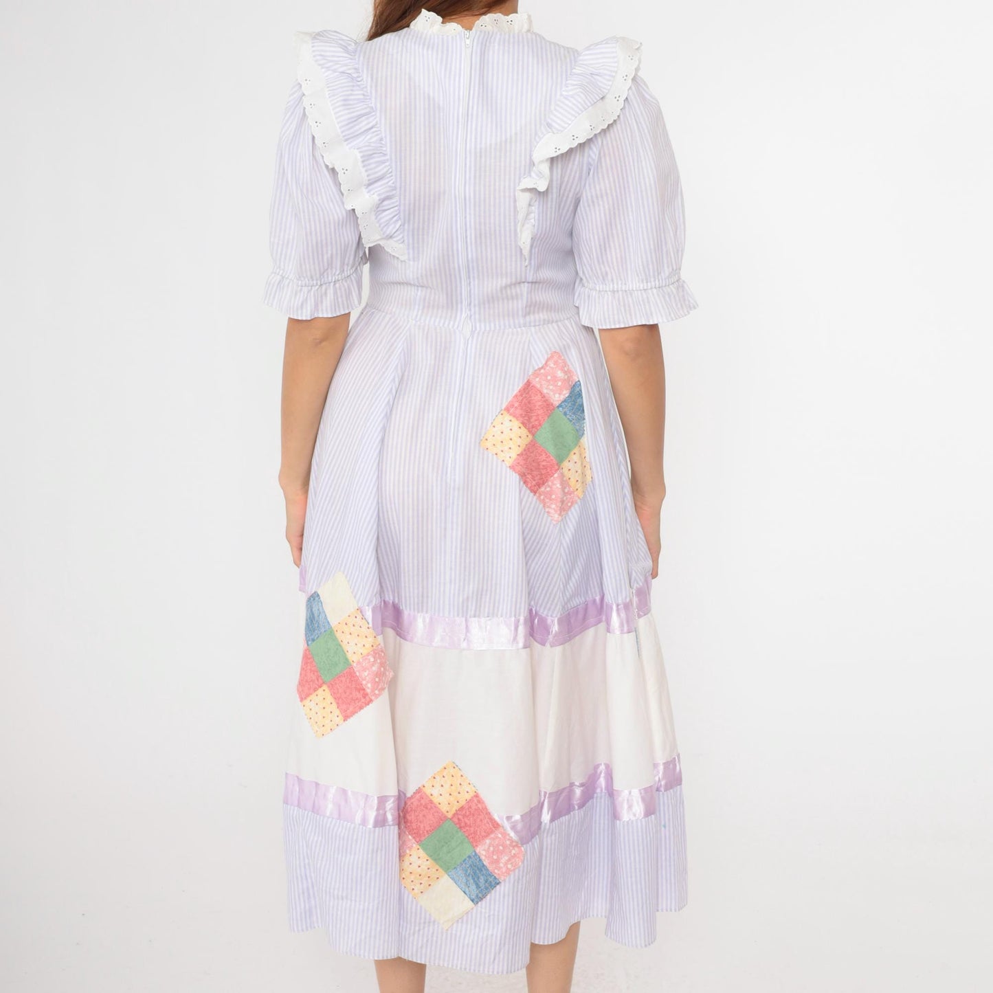 80s Jeri Bee Square Dance Dress Lavender Striped Puff Sleeve Midi Small