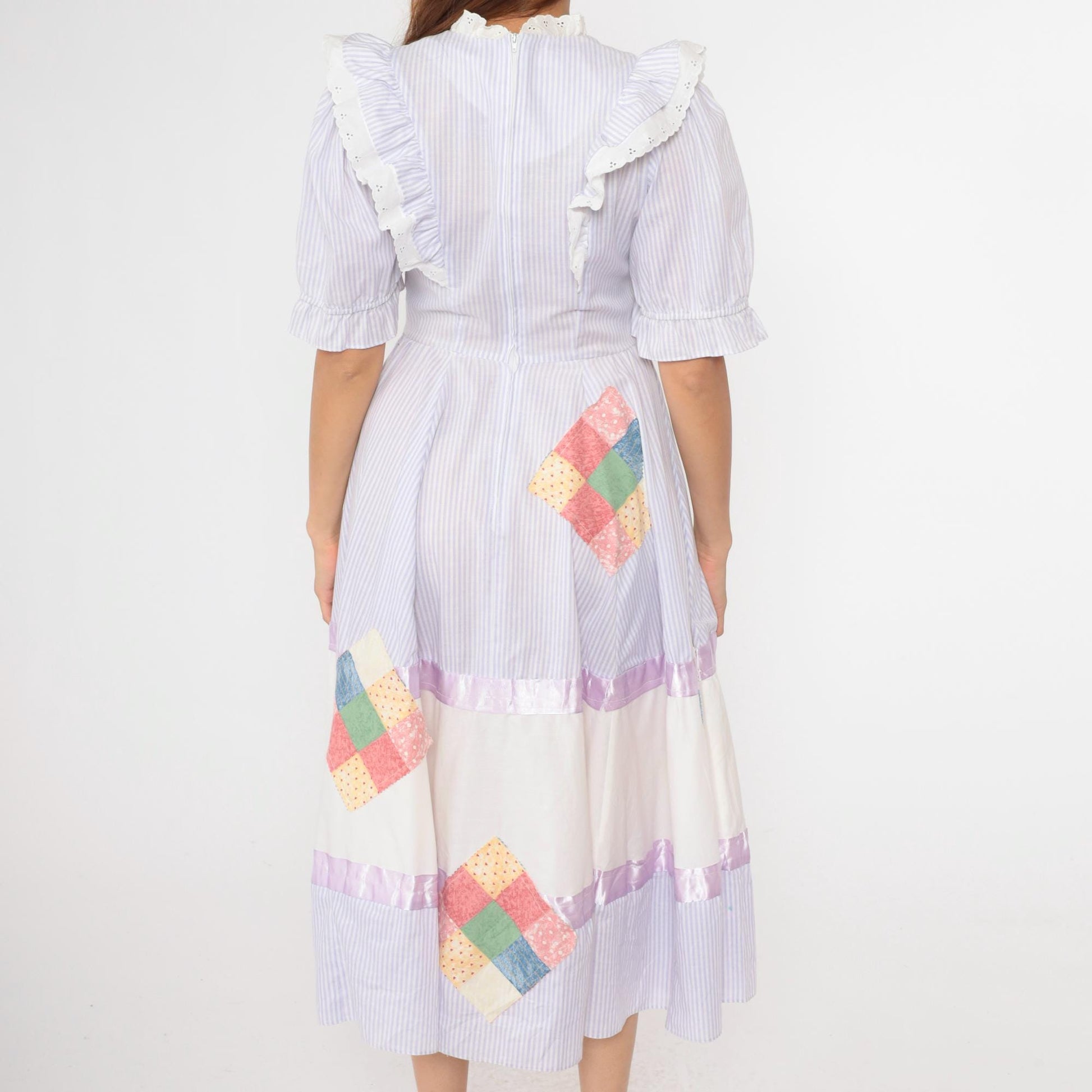 80s Jeri Bee Square Dance Dress Lavender Striped Puff Sleeve Midi Small