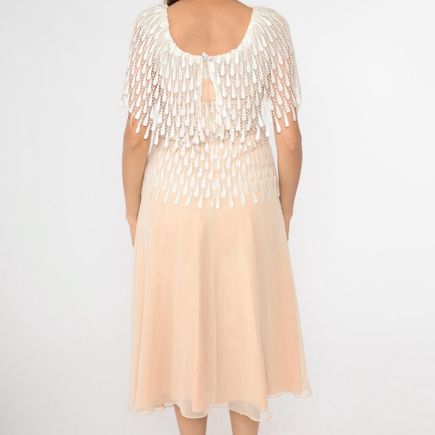 70s Peach Midi Dress Macramé Lace Capelet Chiffon Small