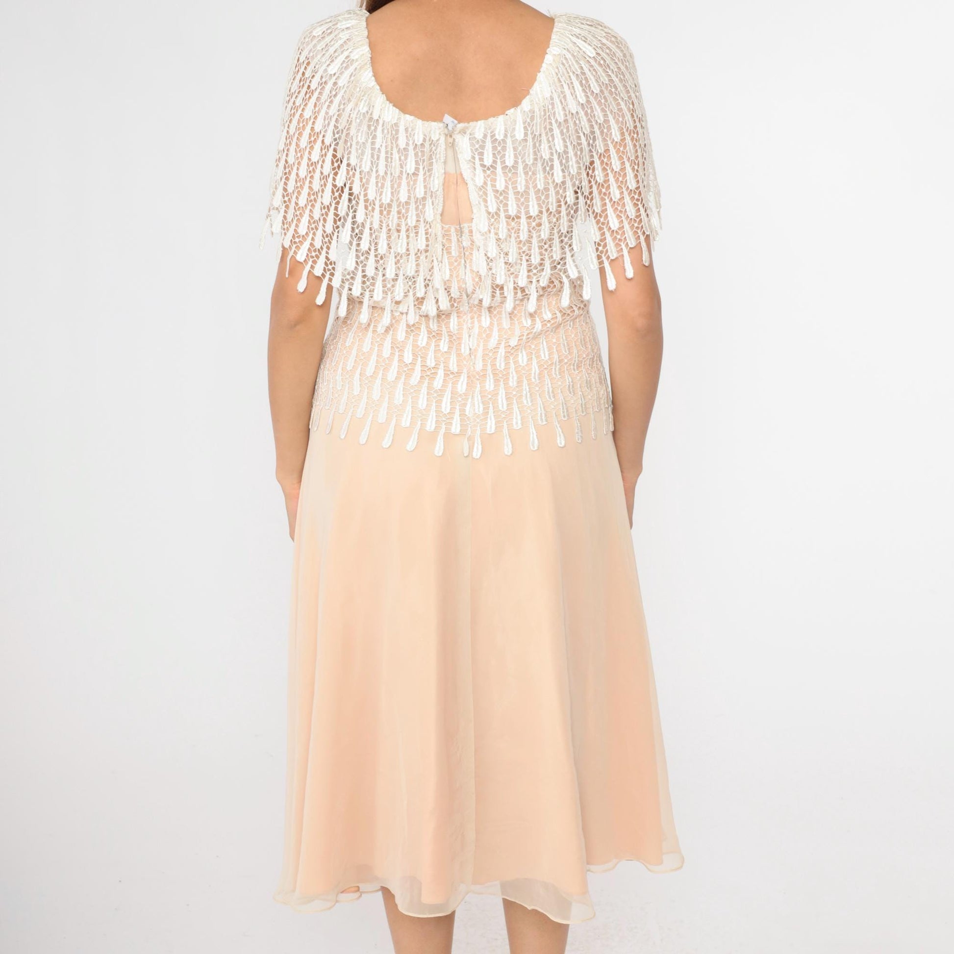 70s Peach Midi Dress Macramé Lace Capelet Chiffon Small