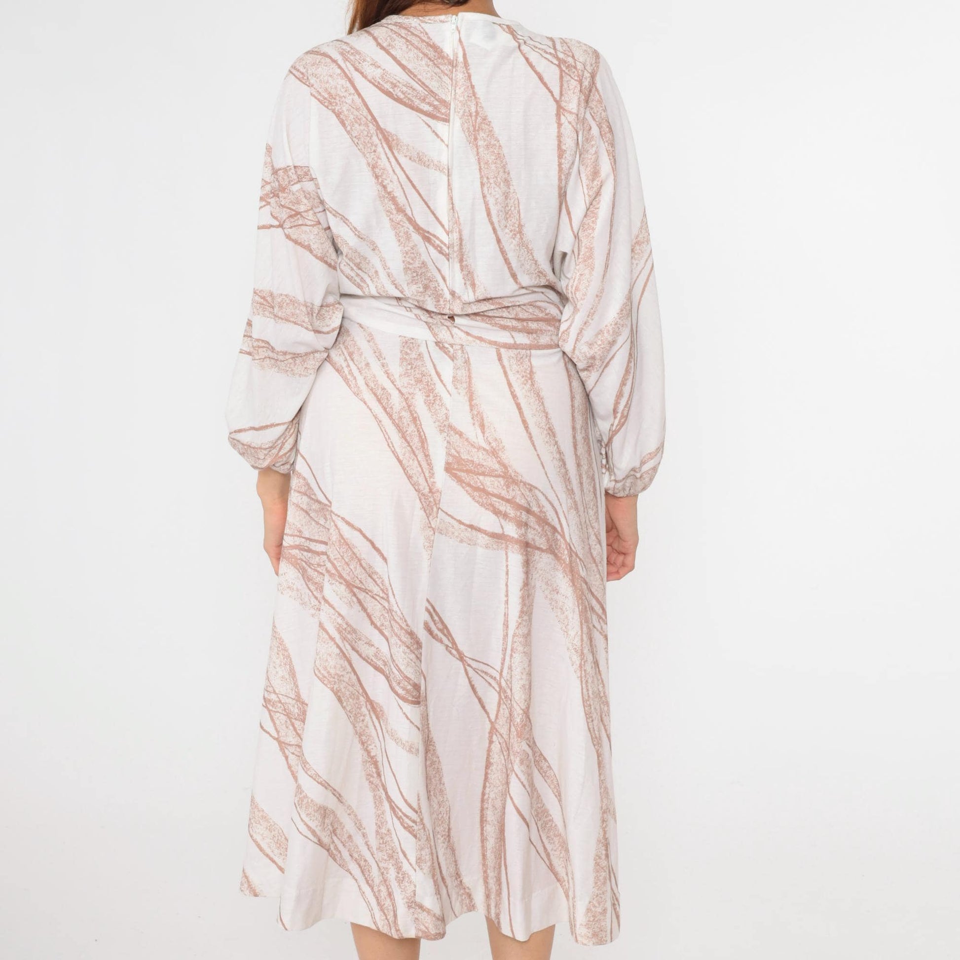 70s Bleeker Street Midi Dress Dolman Sleeve Keyhole Bow Neck White Brown Stripe Small Medium