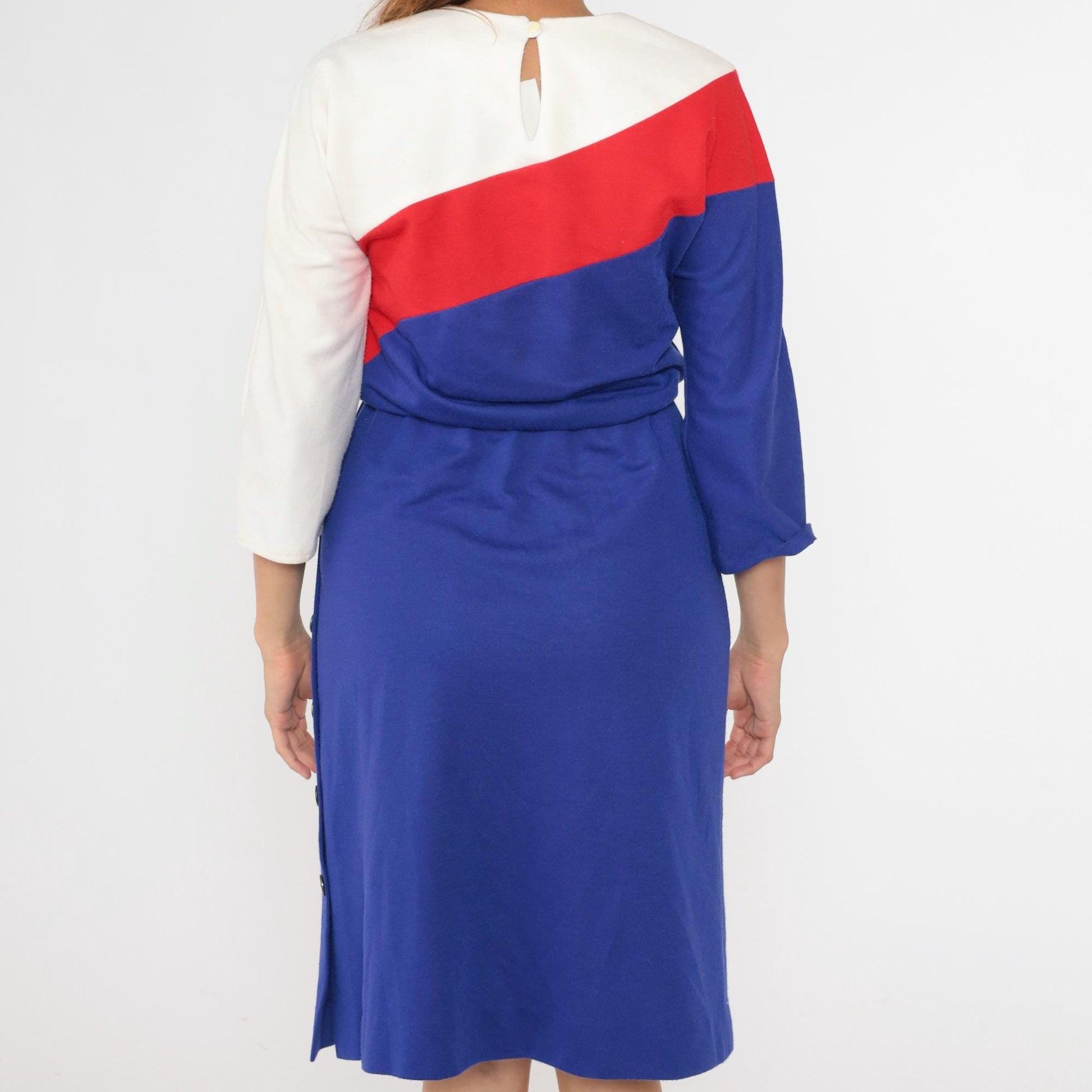 80s Leslie Fay Petites Colorblock Midi Dress Blue Red White Dolman Sleeve Small