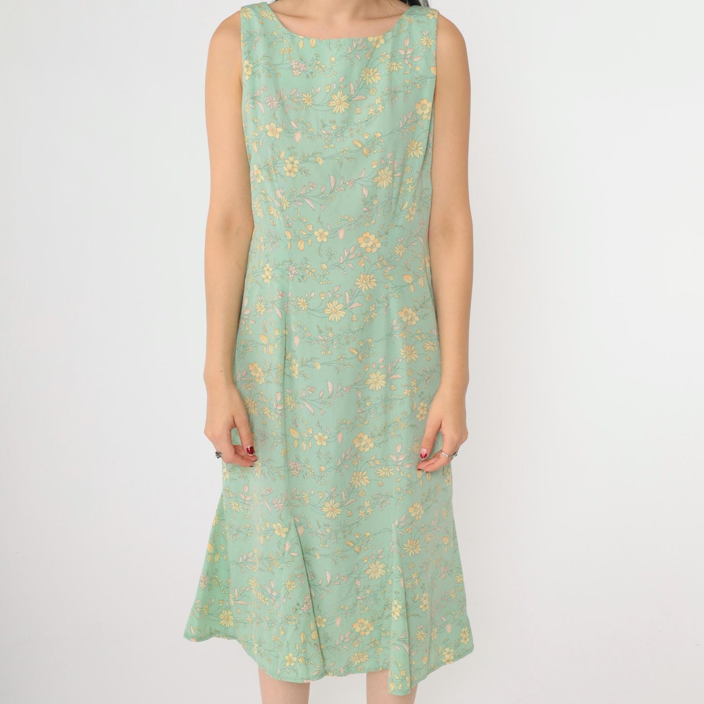 90s R&K Originals Floral Midi Dress Green Yellow Pink Sleeveless Medium