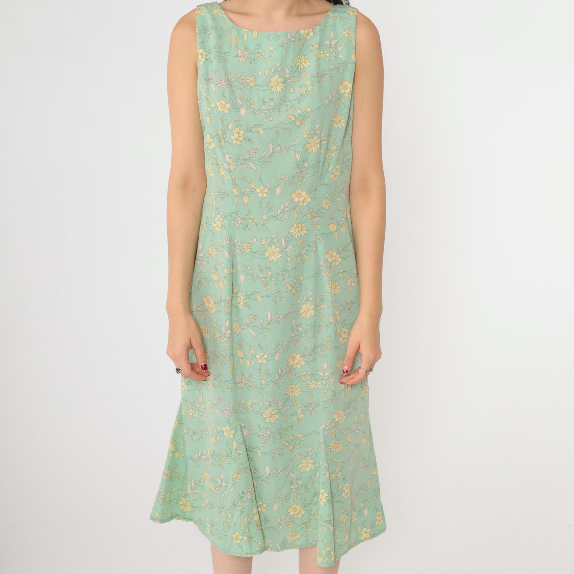 90s R&K Originals Floral Midi Dress Green Yellow Pink Sleeveless Medium