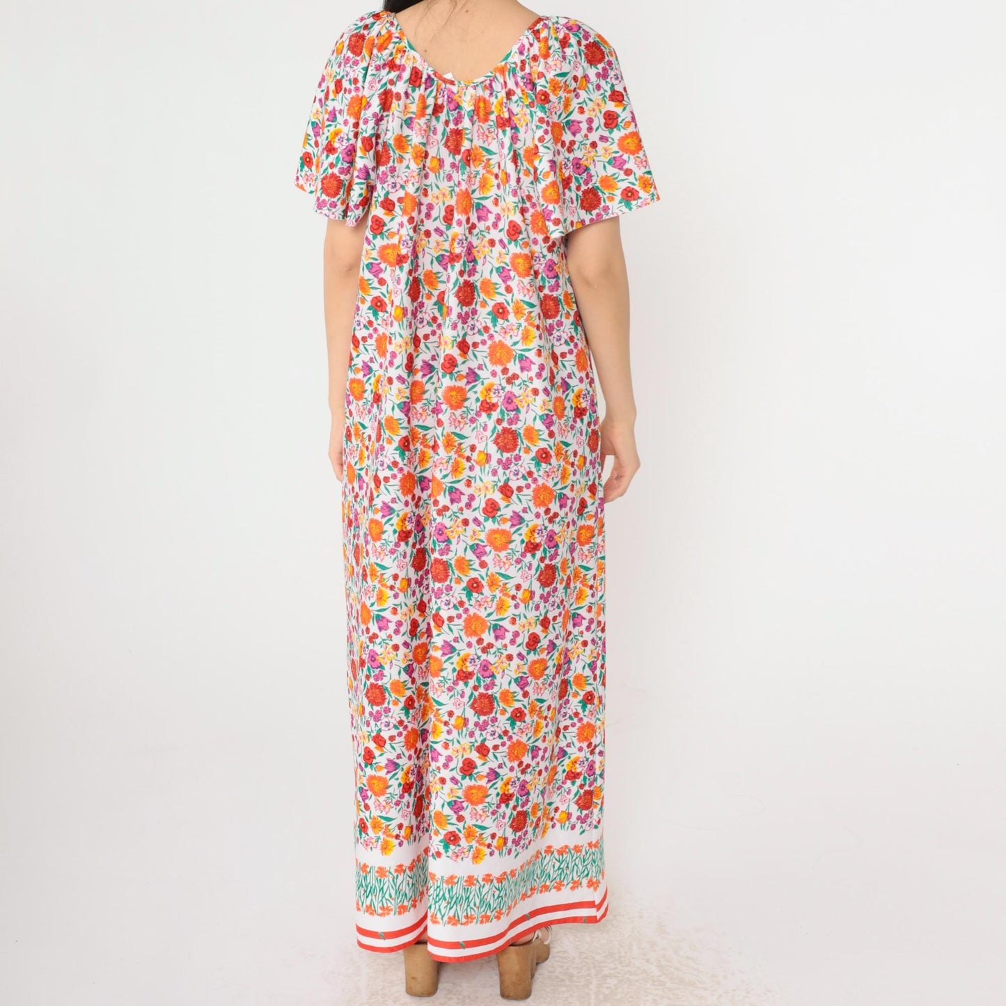 70s Floral Maxi Tent Dress Flutter Sleeve Pullover Large